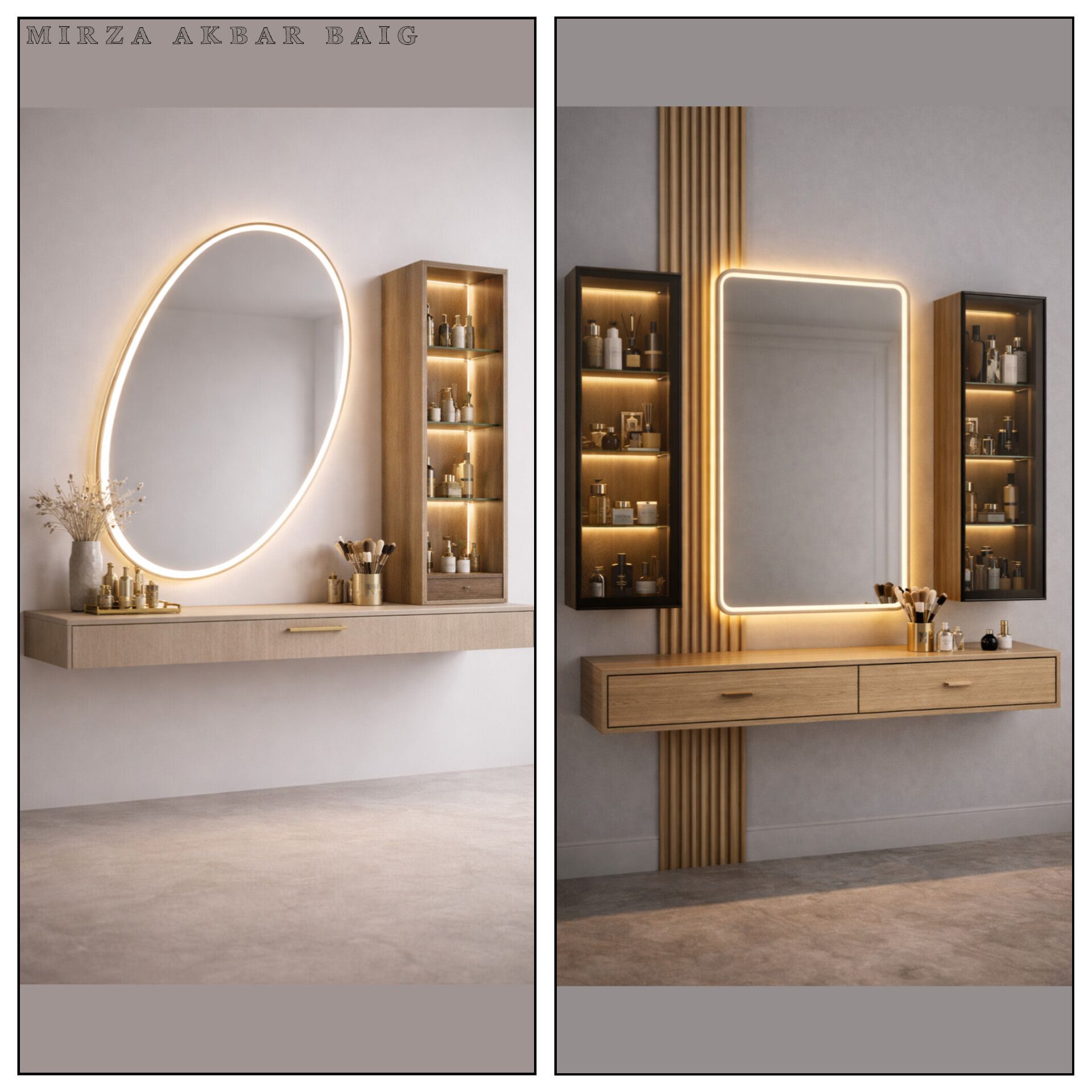 Modern wall-mounted dressing table with LED mirror and side cabinet