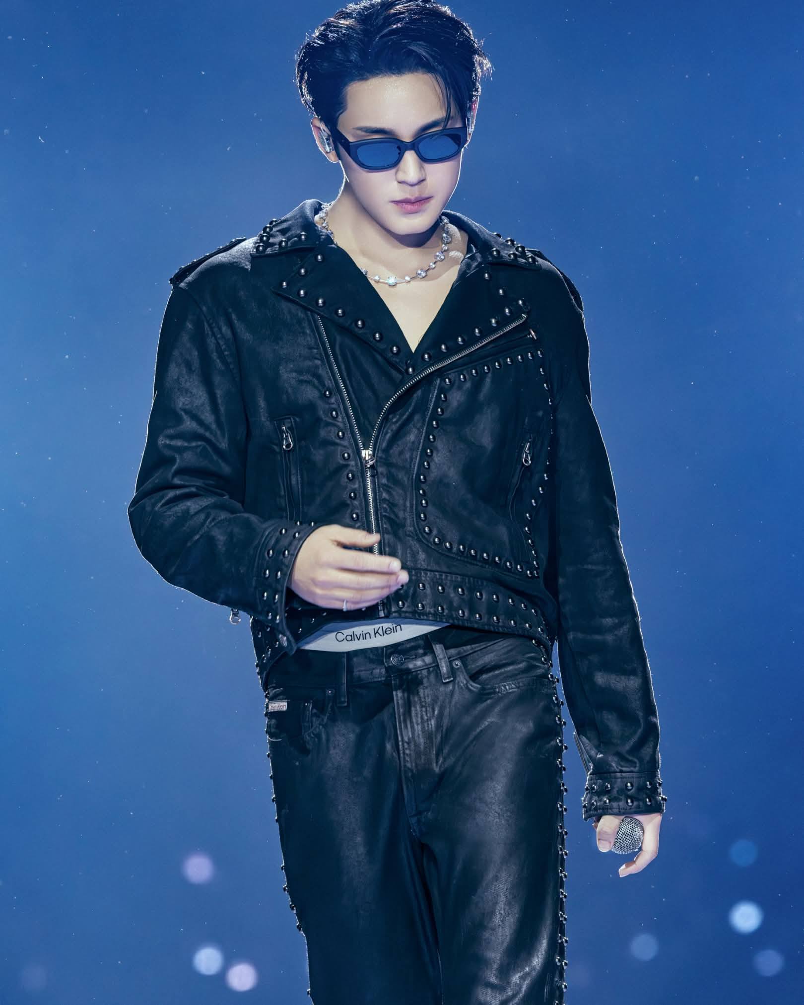 MINGYU brings the heat in custom Calvin Klein moto-denim with a