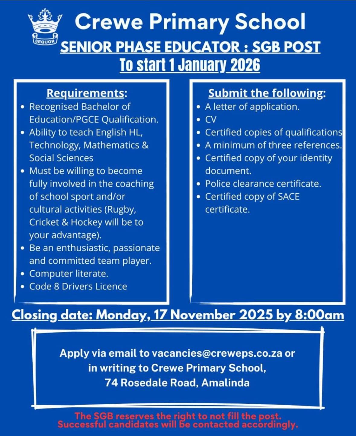 Crewe Primary School SA | East London