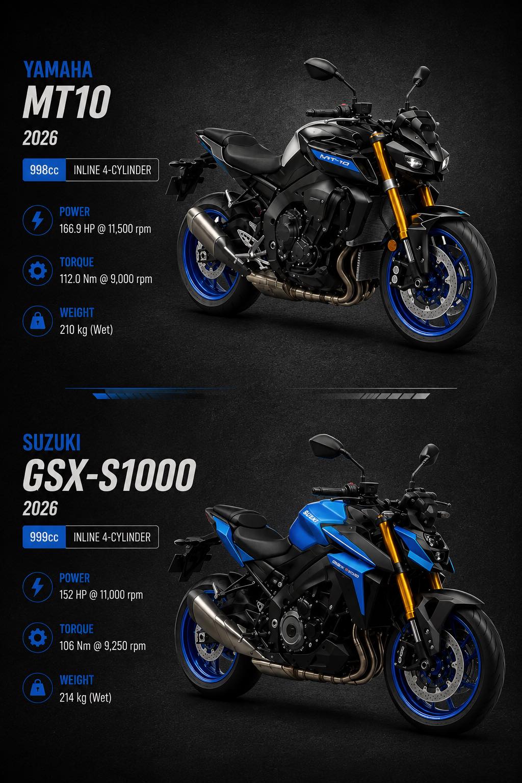 TOマーケット　② The 2026 Yamaha MT-10 and 2026 Suzuki GSX-S1000 represent two