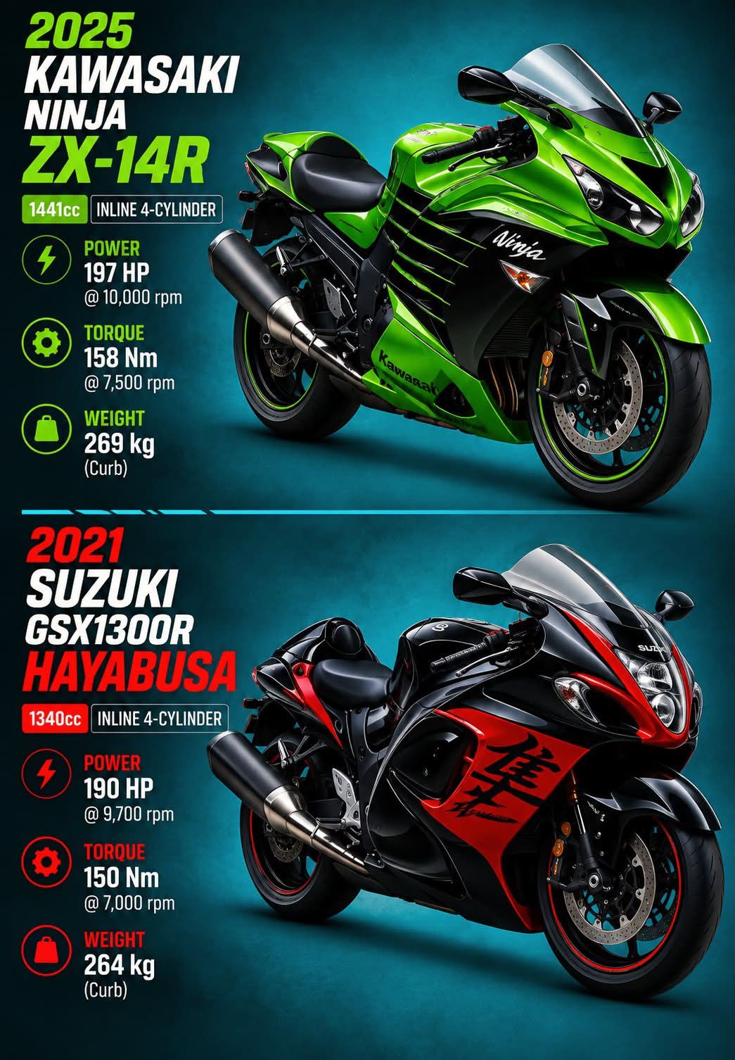 Two Legends Kawasaki Ninja ZX-14R and Suzuki Hayabusa represent