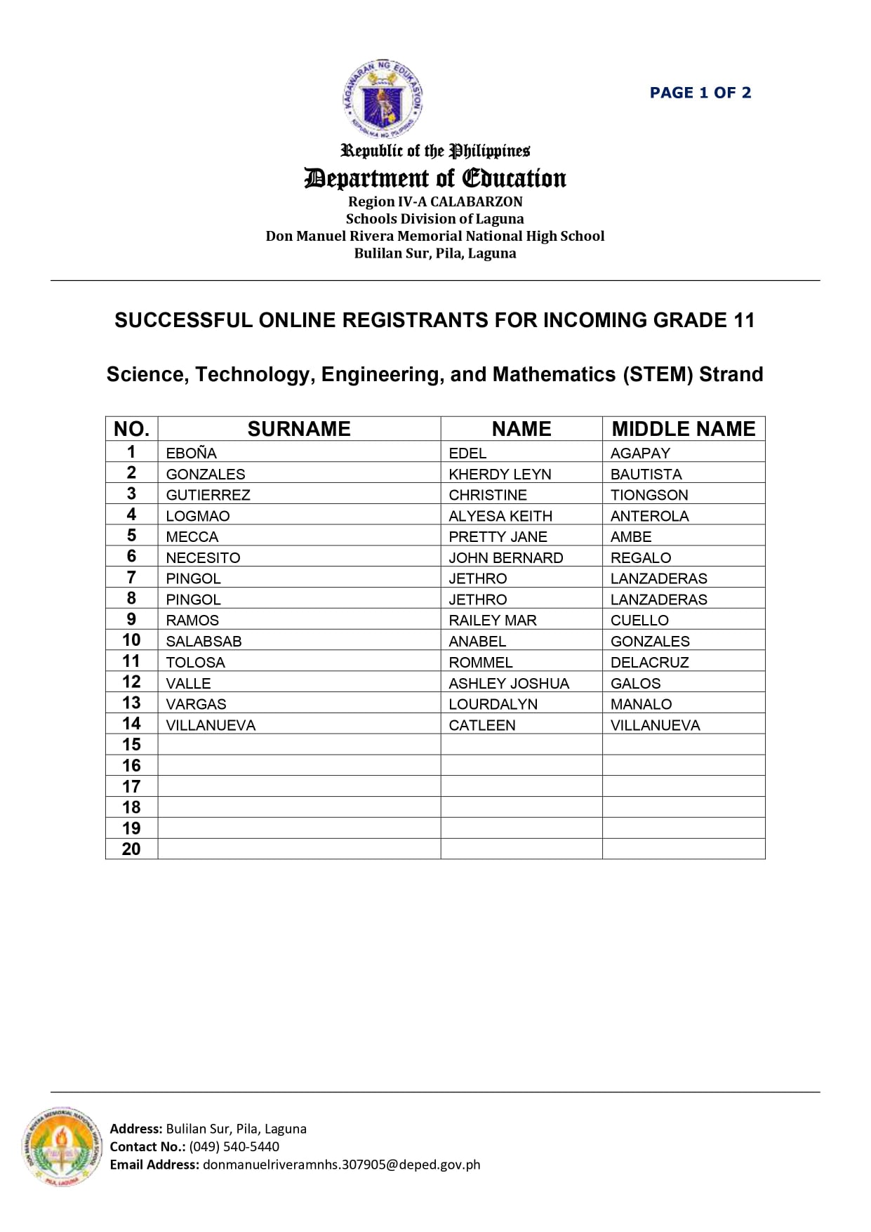 DepEd Tayo Don Manuel Rivera MINHS - Laguna | Pila