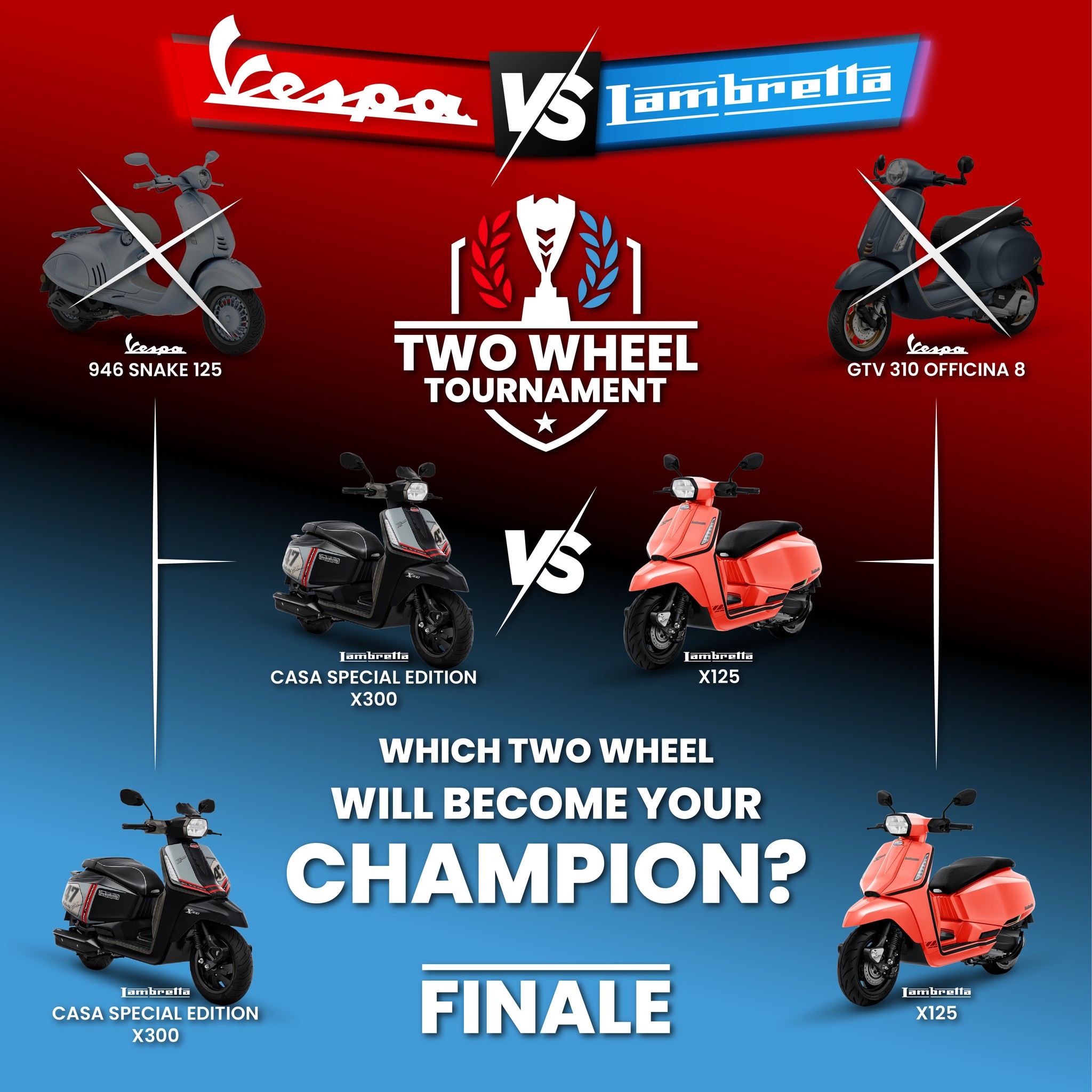 The Lambretta X125 wins the last battle, knocking out BOTH Vespas