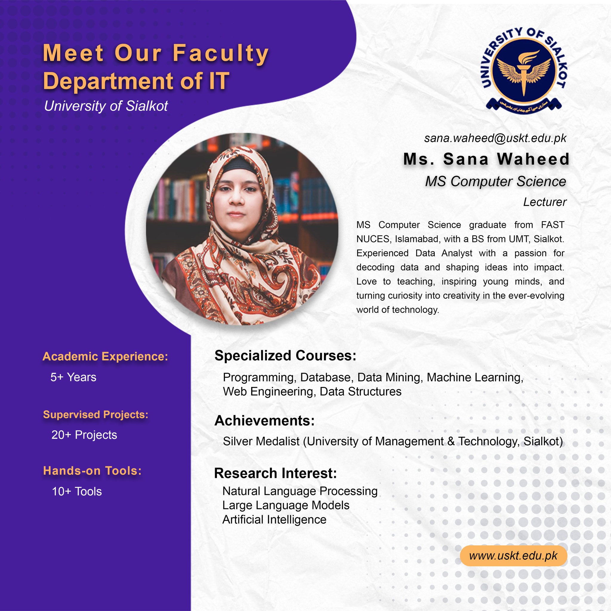 Meet Our Faculty! Ms. Sana Waheed, MS in Computer Science, serves as a ...