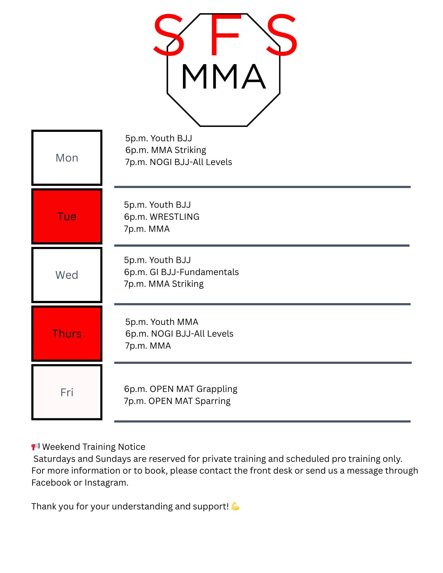 SFS - 🔥 SFS MMA – Updated Schedule Begins This Week! 🔥 We’re excited to ...