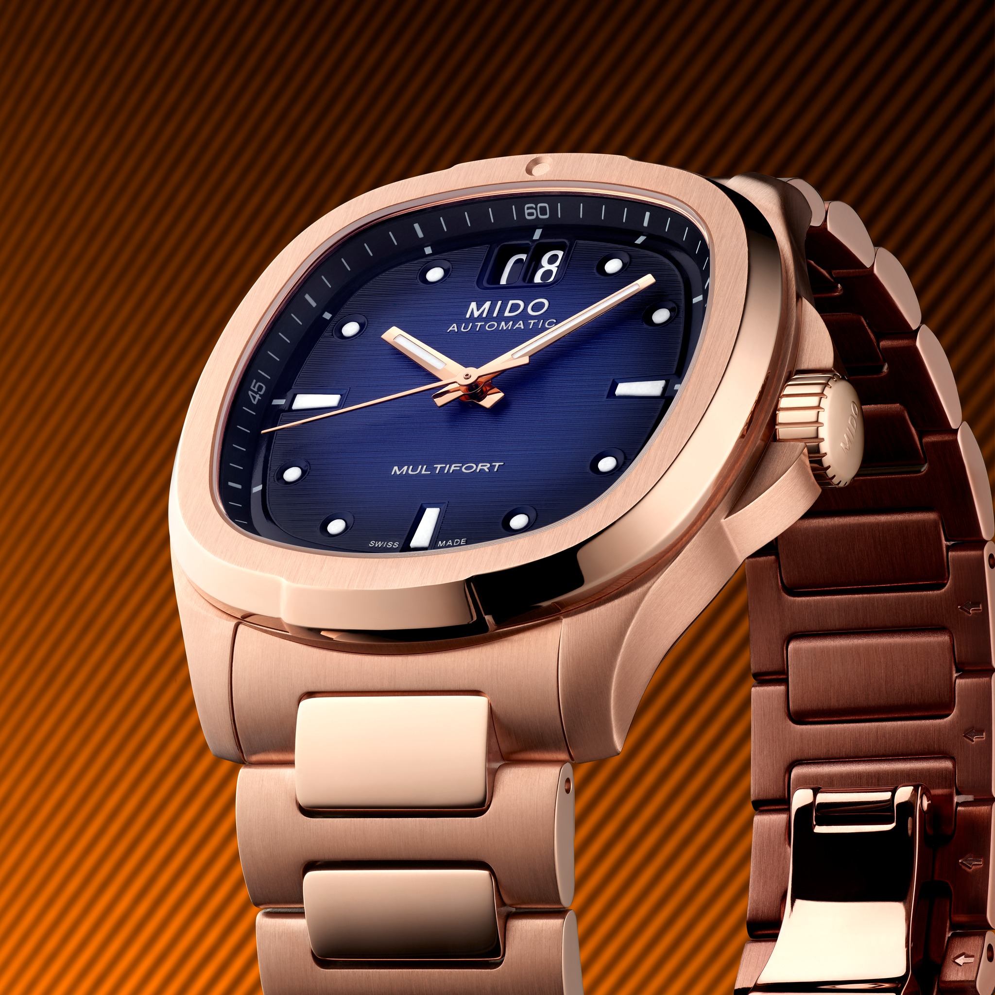 Mido Multifort TV Big Date watch with rose gold case and blue dial