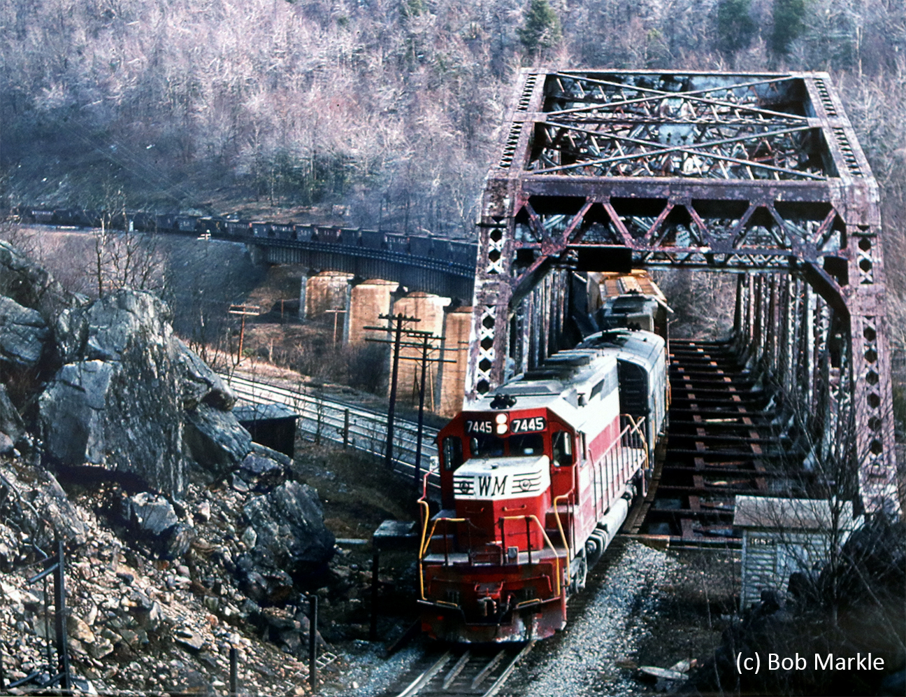 Western - Western Maryland Railway SD40 number 7445, F7A number 58, and ...
