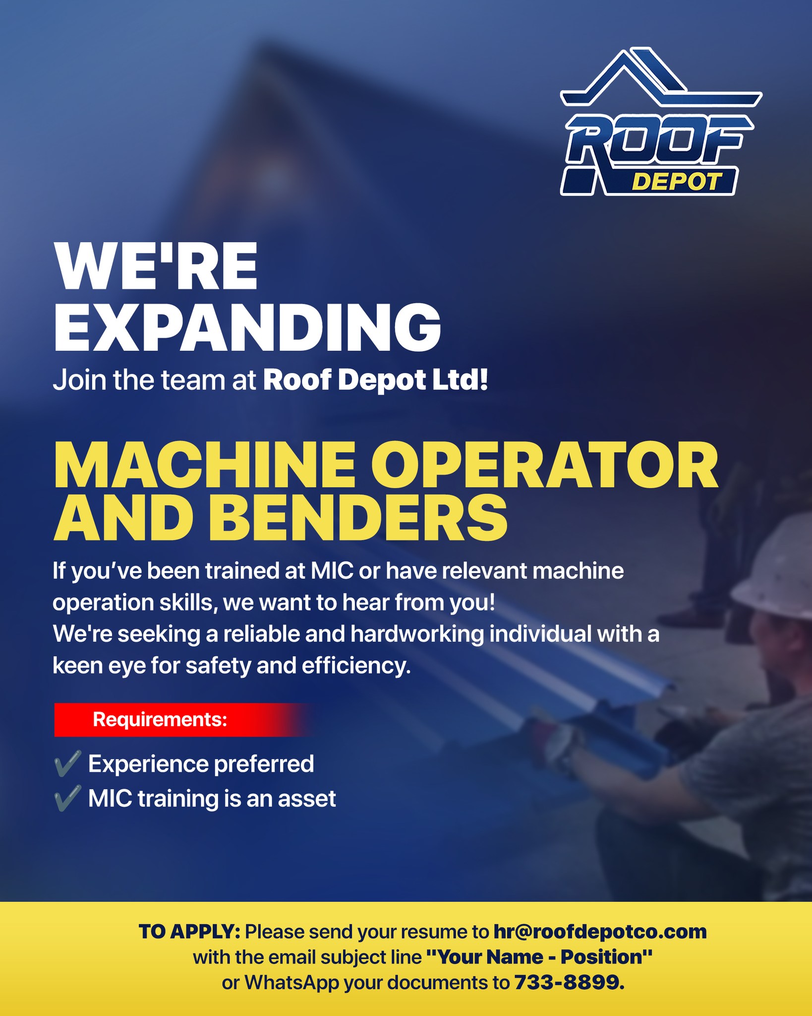 Roof Depot LTD - 🚨 We’re Hiring – Machine Operators &... | Facebook