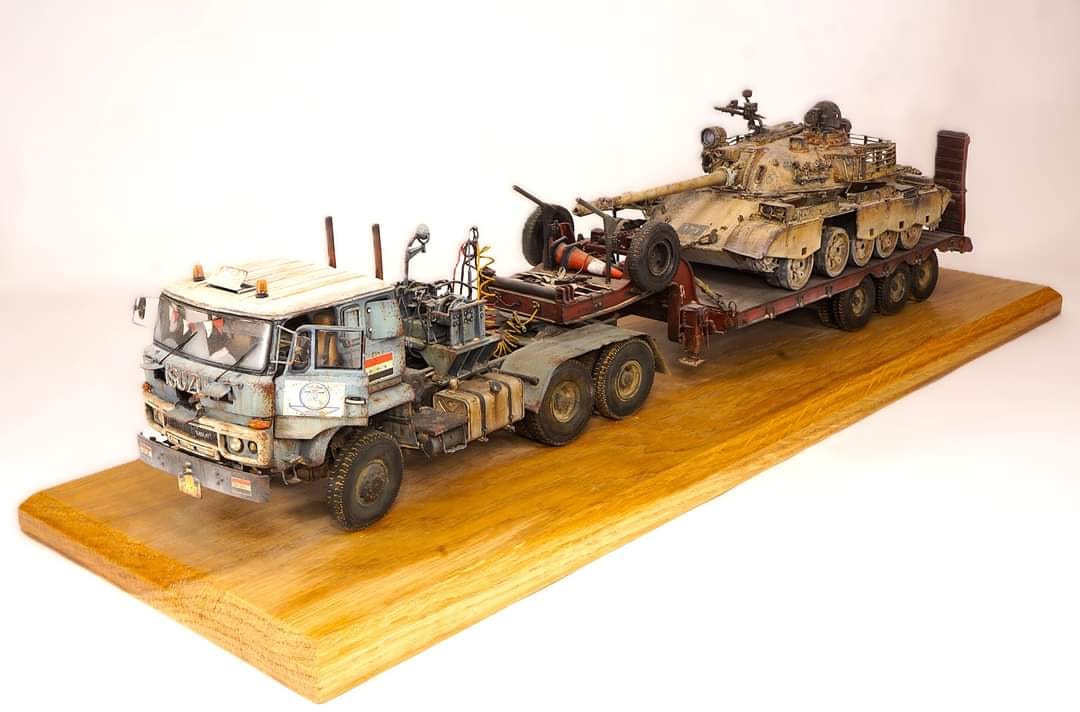 Converted Trumpeter Chinese tank transporter and Tamiya T55 models