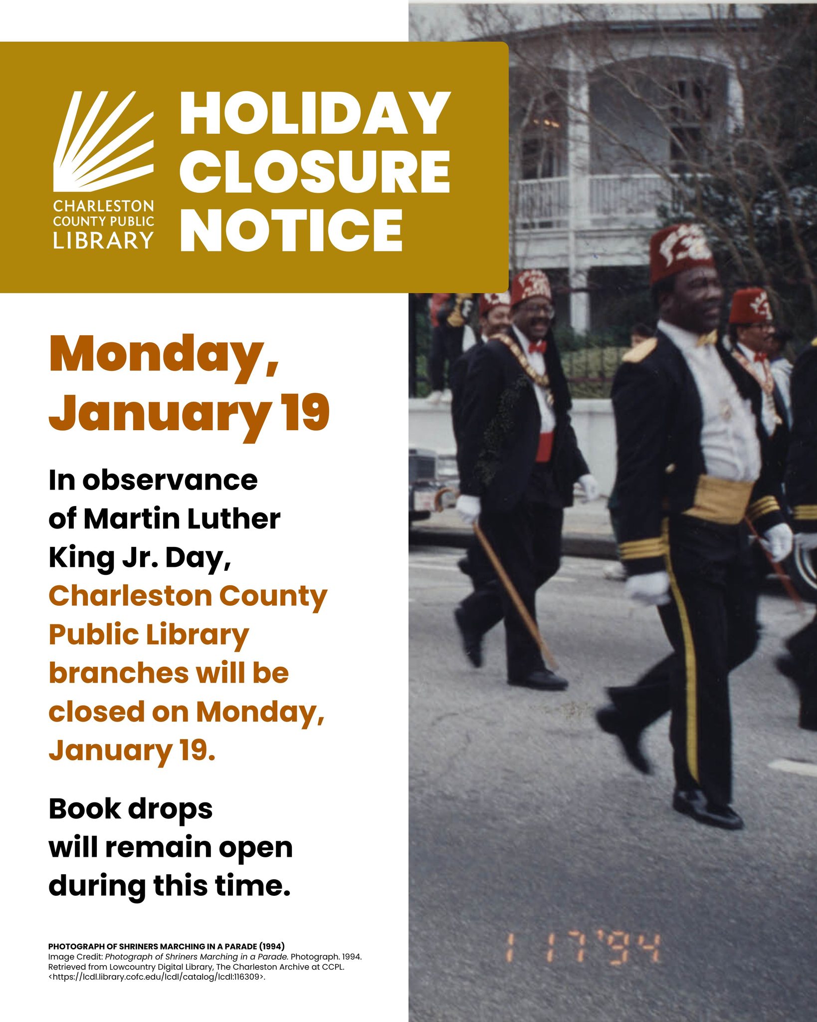 CLOSURE NOTICE: In... - Charleston County Public Library | Facebook