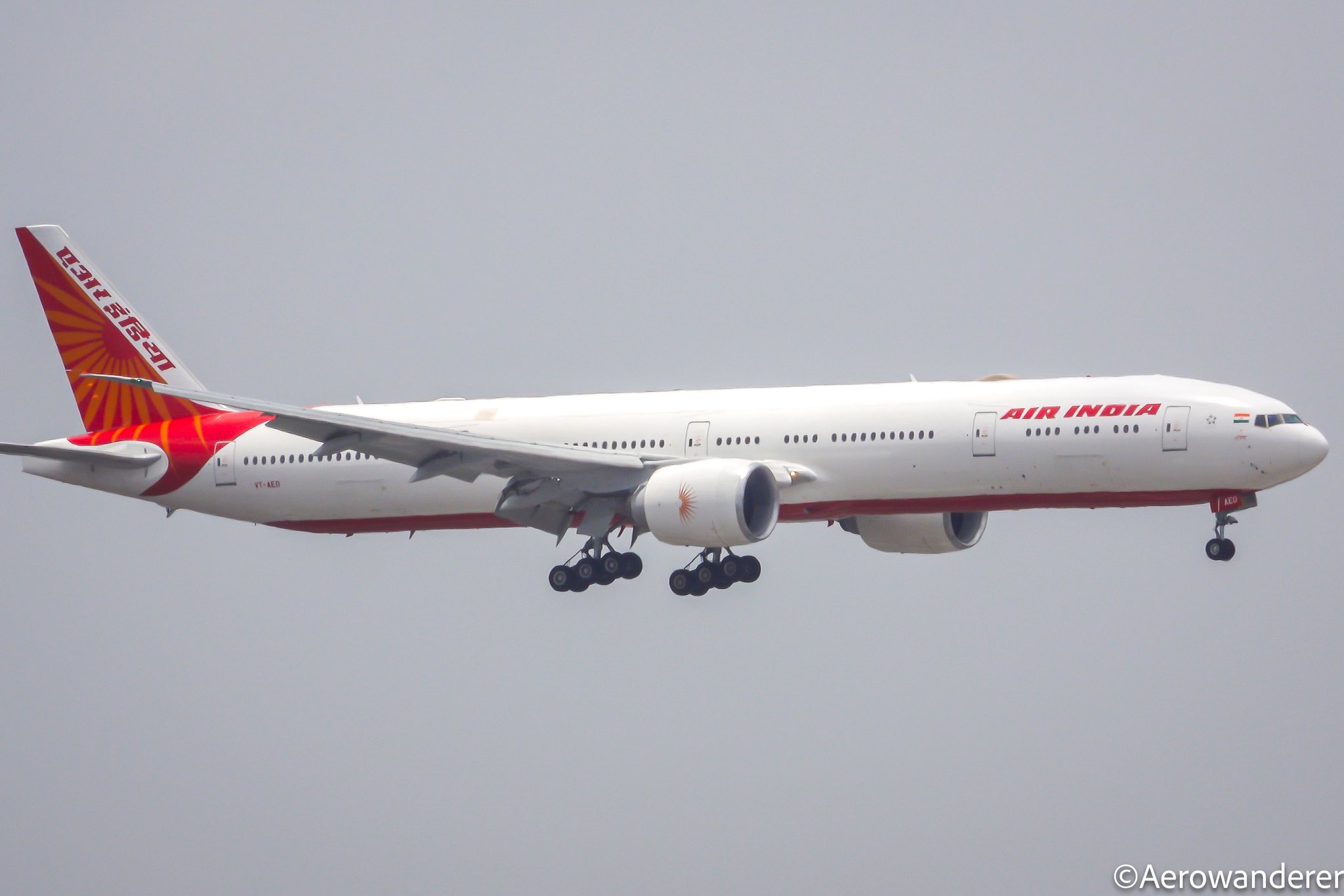 An Air India Boeing 777-300ER is seen taxiing to its gate at