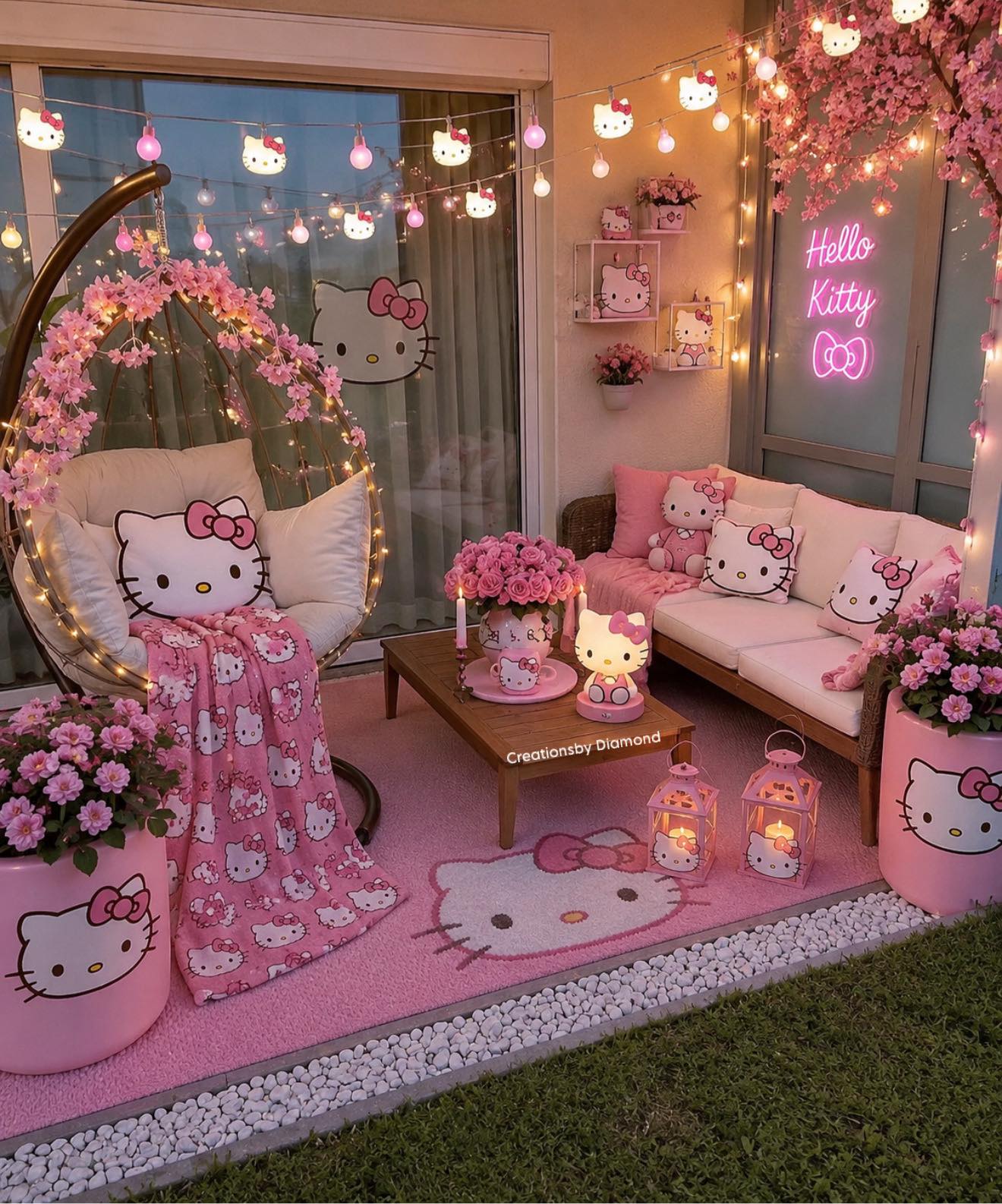 Hello Kitty themed outdoor seating area
