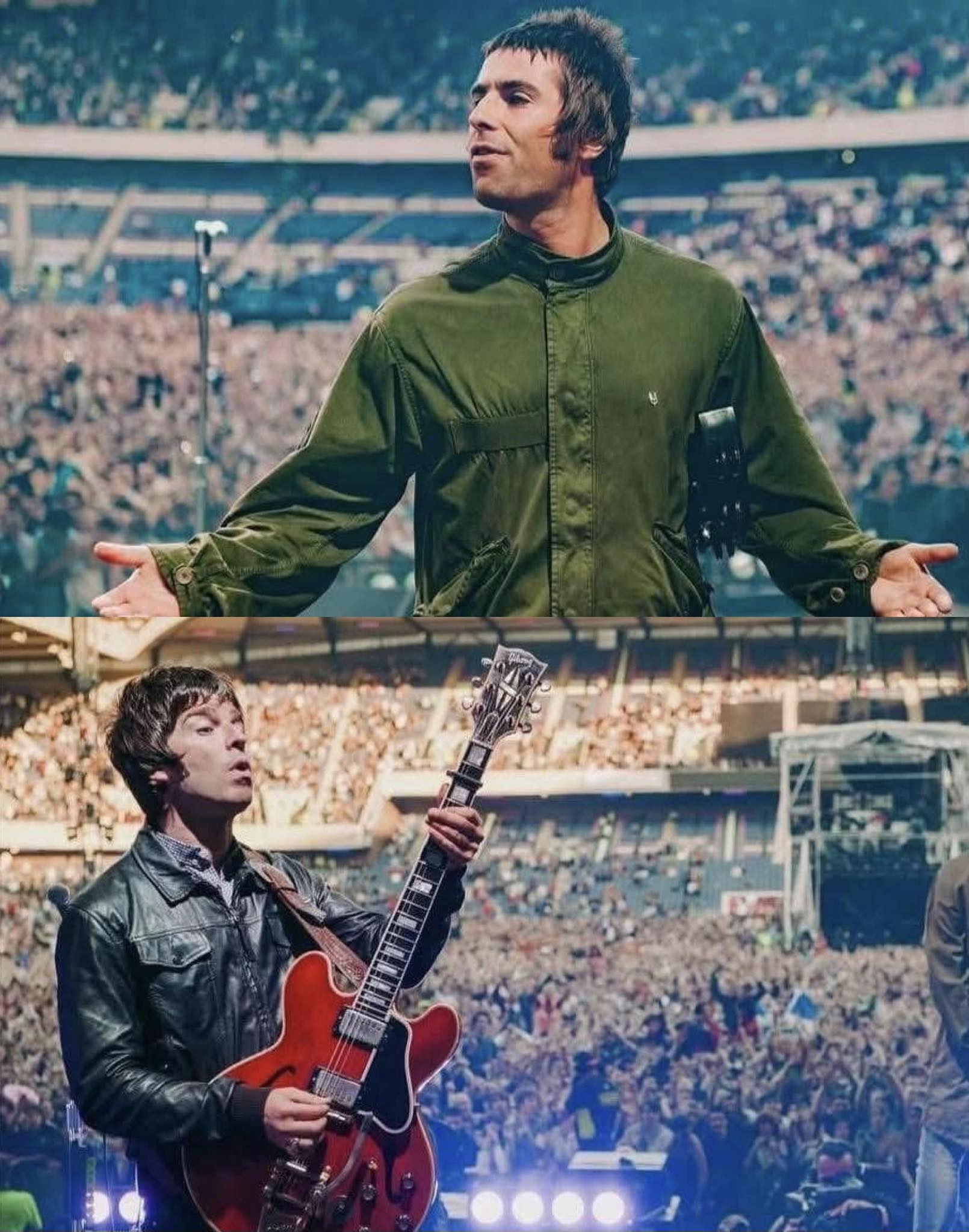 Liam and Noel Gallagher pictured together on stage 😂