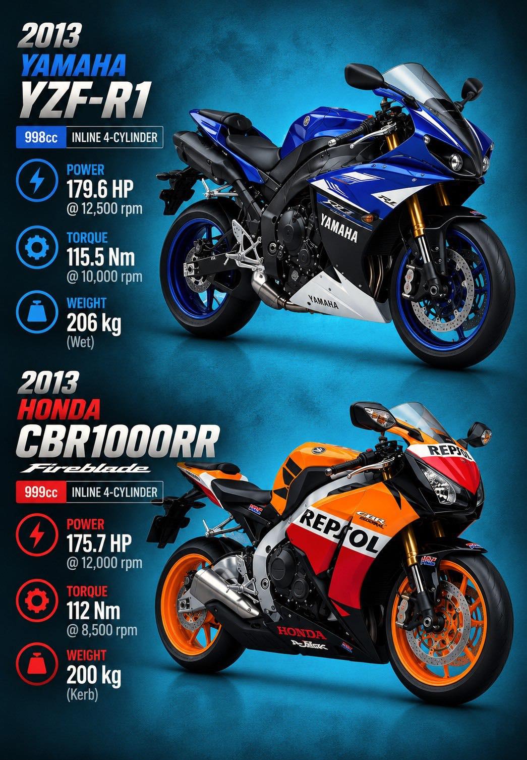 The 2013 Yamaha YZF-R1 and Honda CBR1000RR Fireblade represent two