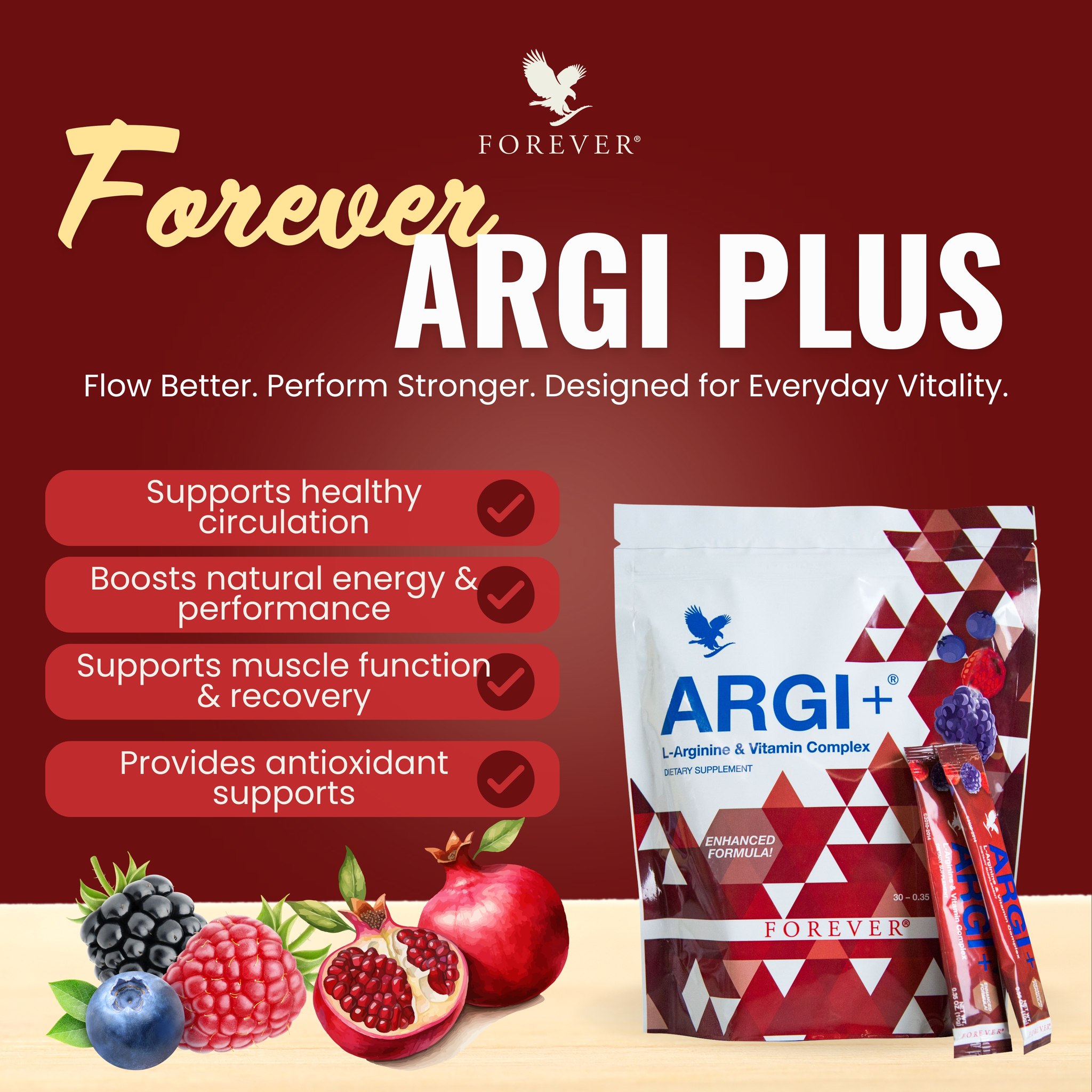 Forever ARGI+® is powered by L-Arginine, pomegranate, and 