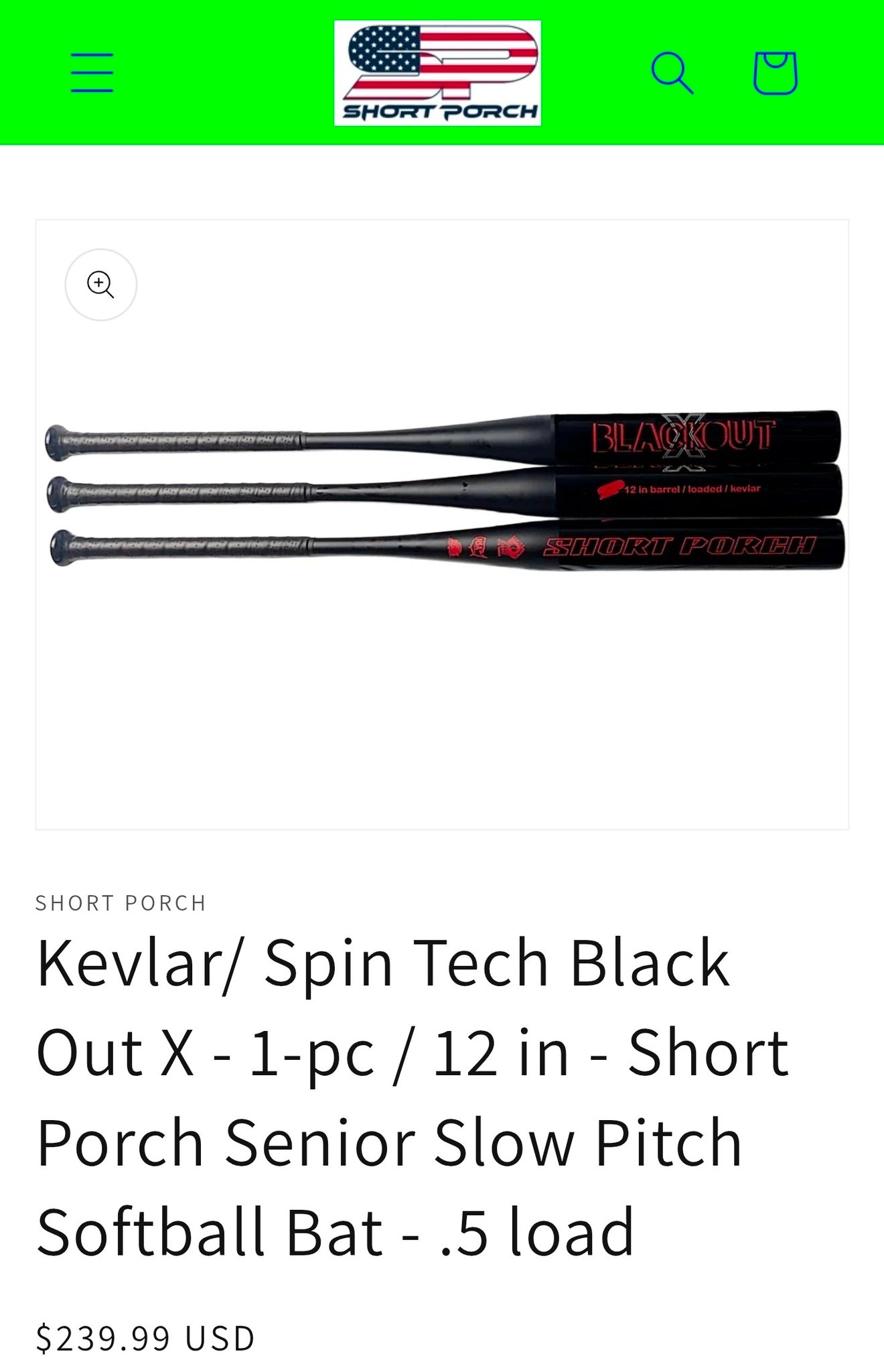 Batte De Softball Senior Short Porch 26 Oz - Barrel Court 12" équilibré, Renforcé Kevlar | Matériel Sportif Occasion