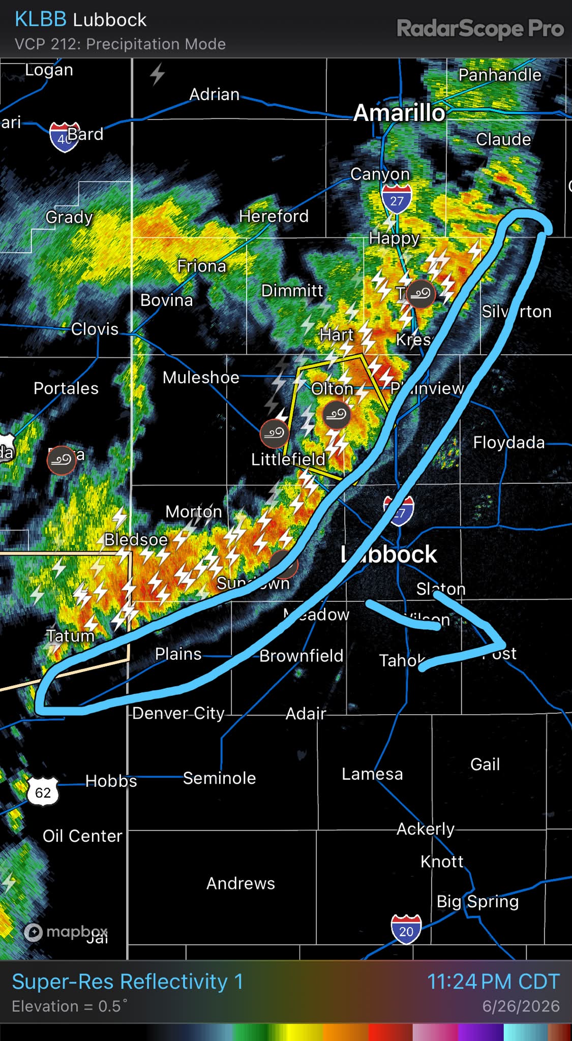 11:25 PM CDT 06/26/2026 - A line of strong winds and storms is