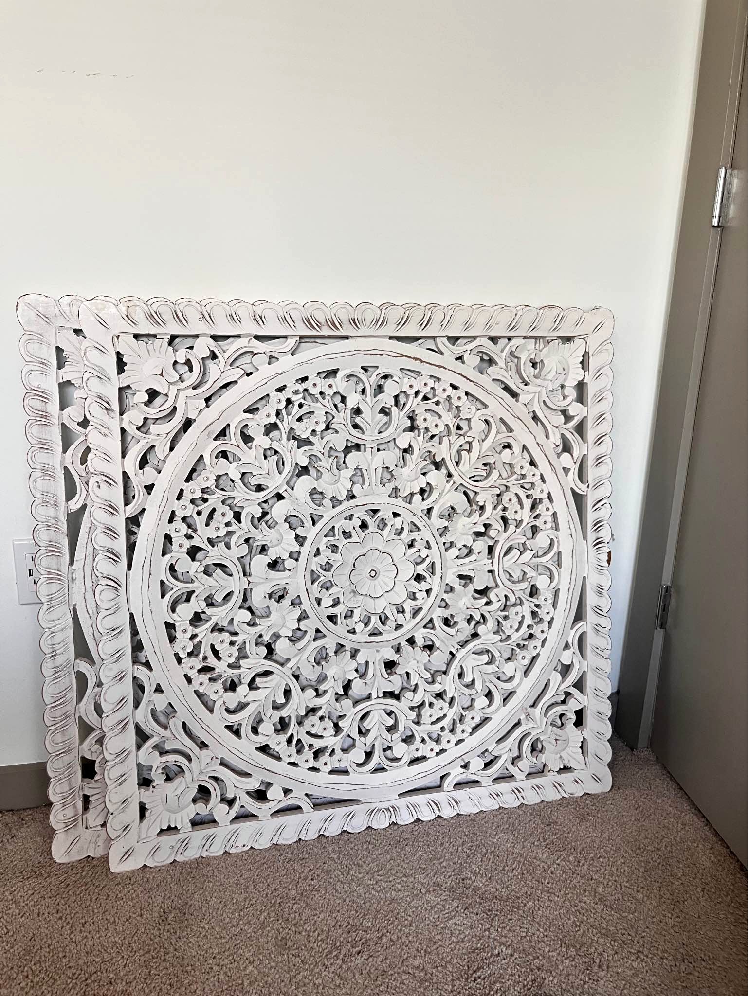 3ft x 3ft Distressed White Carved Wood Wall Art Set of 2 Panel Boho ...