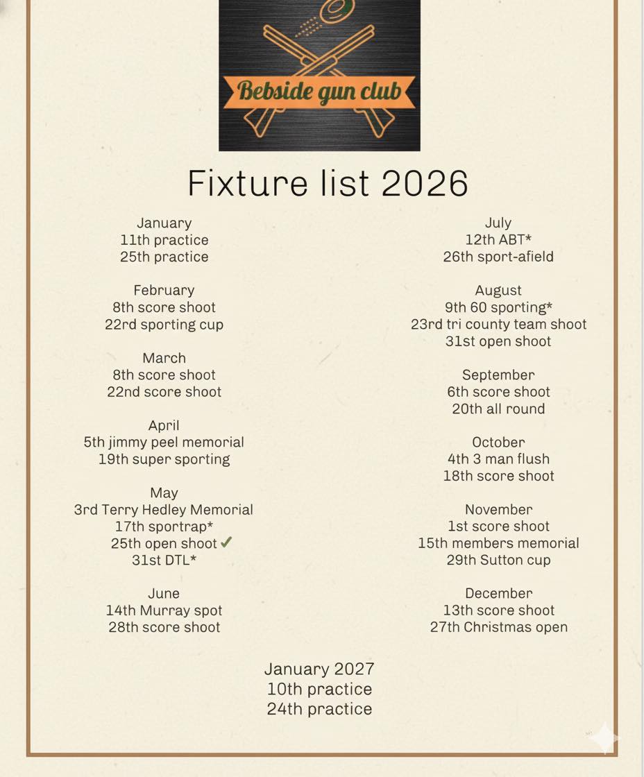 2026 fixture list. - Bebside sporting clays | Facebook