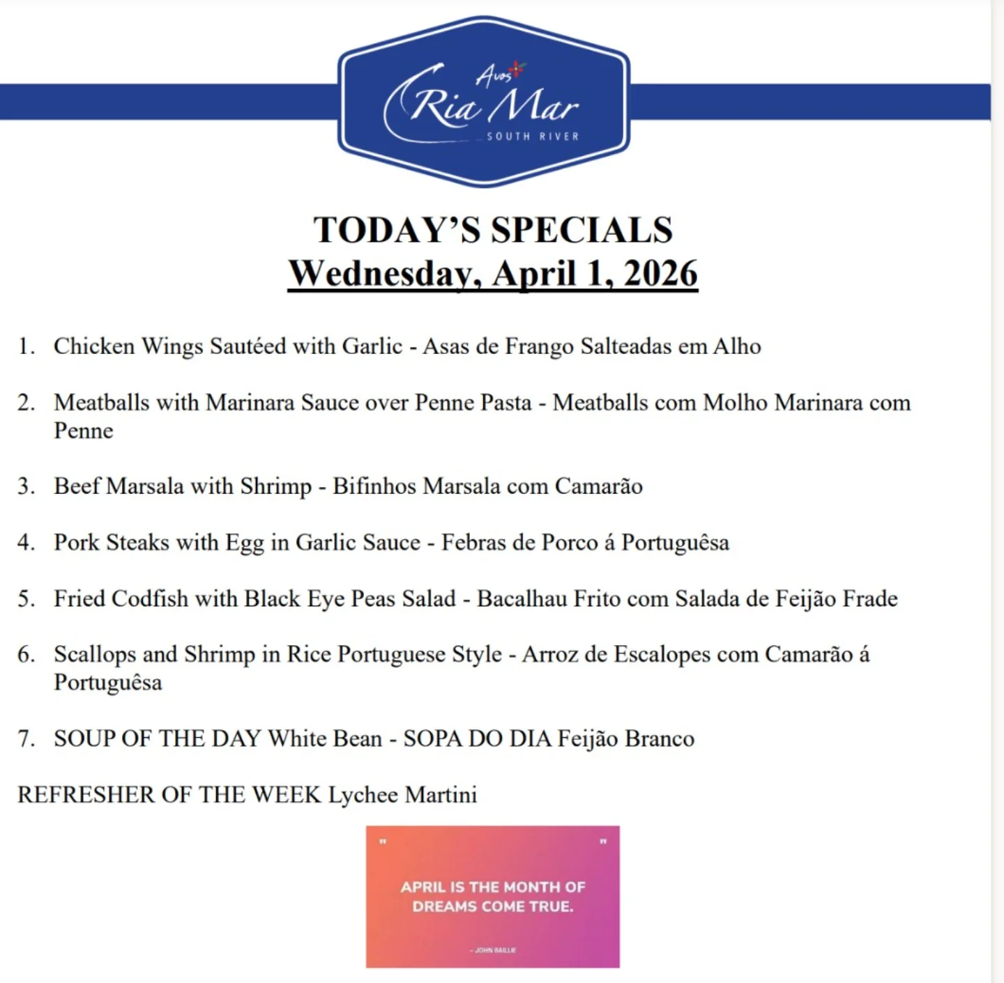 TODAY'S SPECIALS - Wednesday, April 1st #avosriamar #riamar