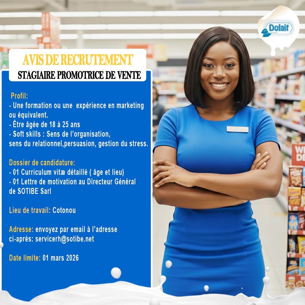 JOBS BENIN - 📢 Dolait recrute des Stagiaires Promotrices... | Facebook