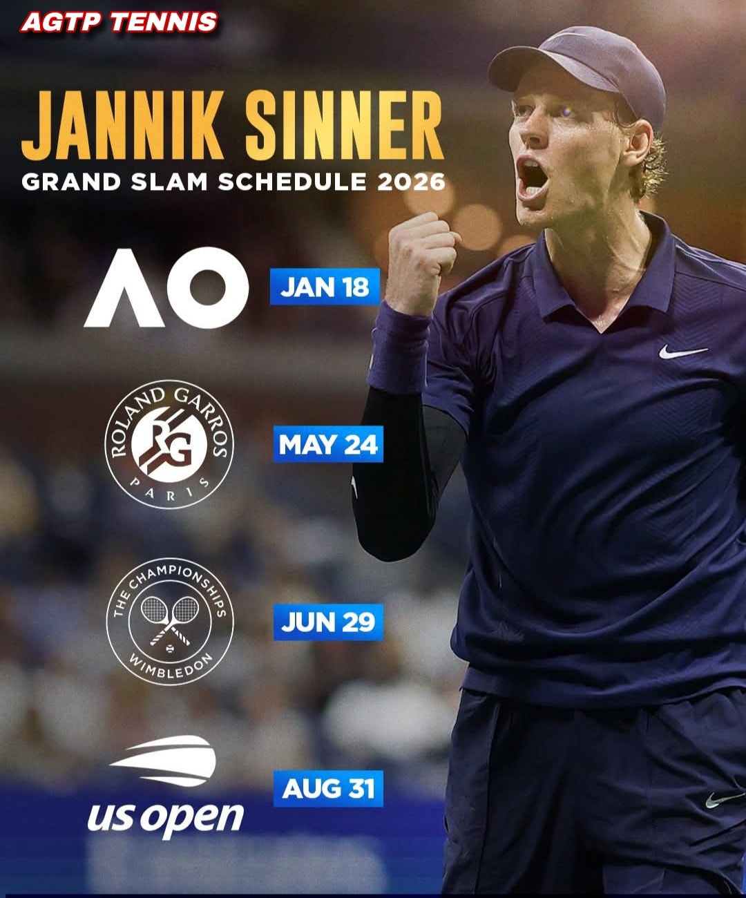 AGTP Tennis - 2026 Grand Slam Schedule for Jannik 📋 Can... | Facebook