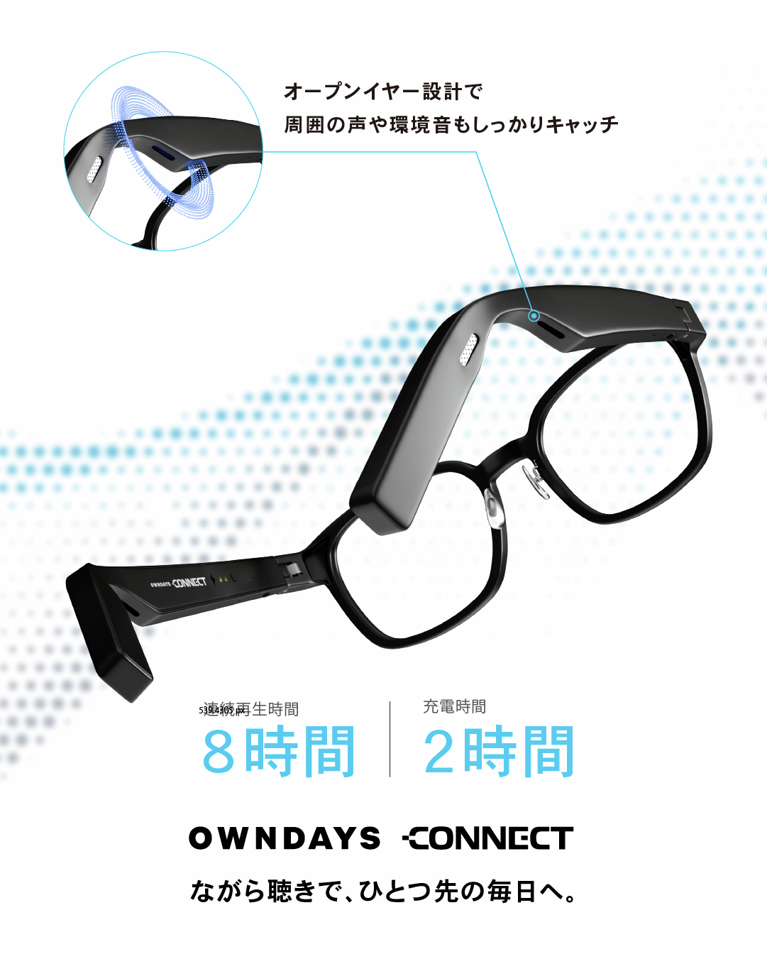 OWNDAYS CONNECT オープンイヤー設計だから 耳をふさがず自然な音を楽しみつつ 周囲の声や環境音もしっかりキャッチ 安全で安心な ながら聴き ができるオーディオグラスです 詳細URL https s owndays com 29jtv すっきりとしたシルエットが特徴の