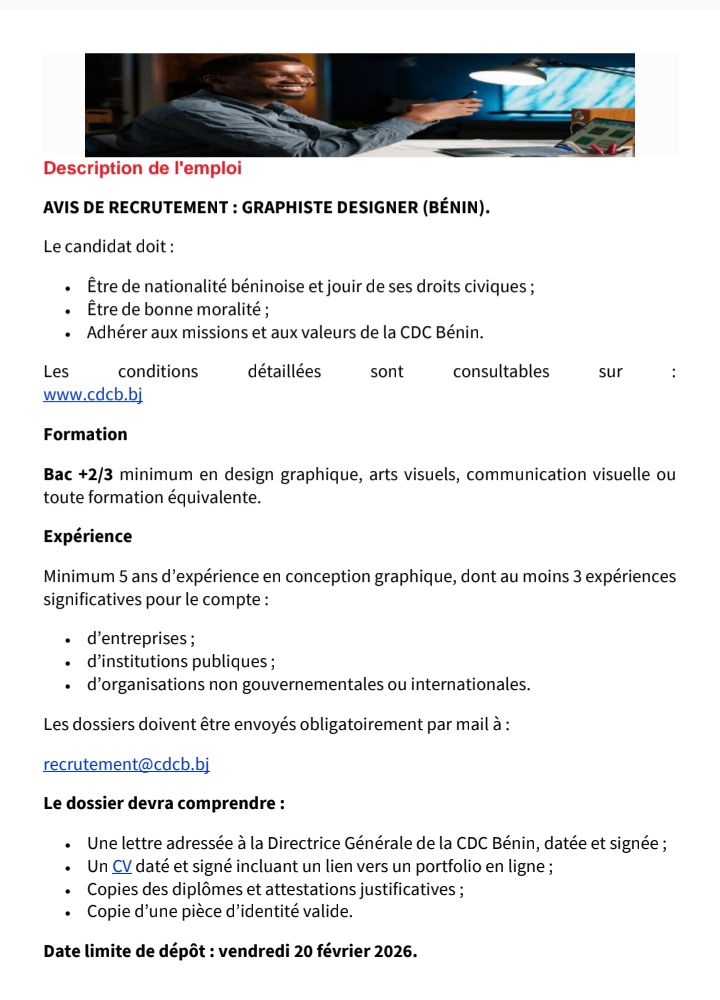 JOBS - 📢 AVIS N°2 DE RECRUTEMENT || CDC BÉNIN Graphiste Designer (Bénin ...