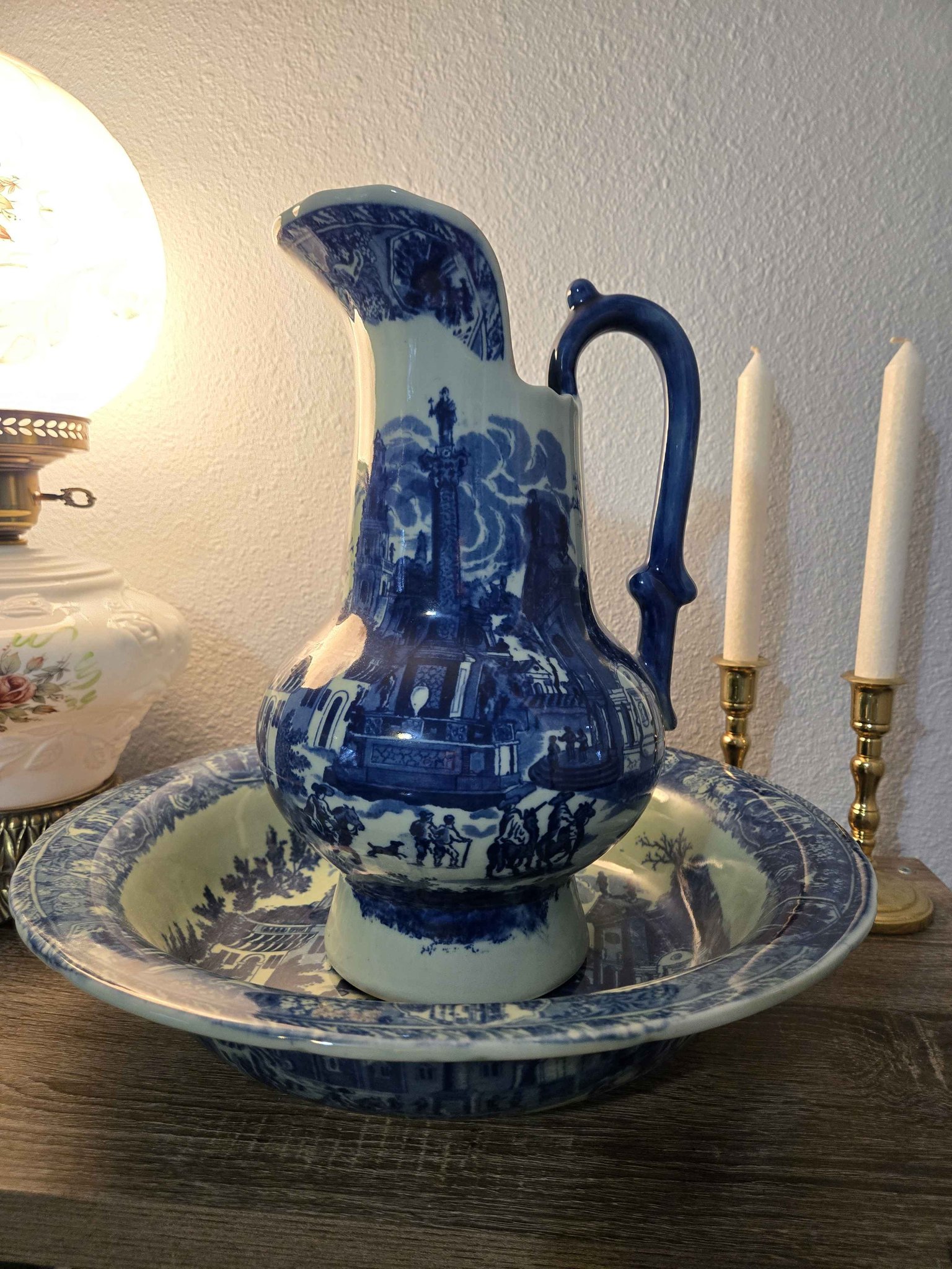 Antique c.1880 Victoria Ware Ironstone Flow Blue Pitcher & Wash Basin ...