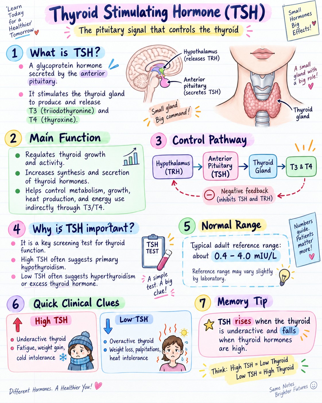 Small hormone, big impact! 🦋✨ TSH acts like the thyroid's command signal—helping control metabolism, energy, growth, and hormone balance. 📌 High TSH = often low thyroid activity 📌 Low TSH = often