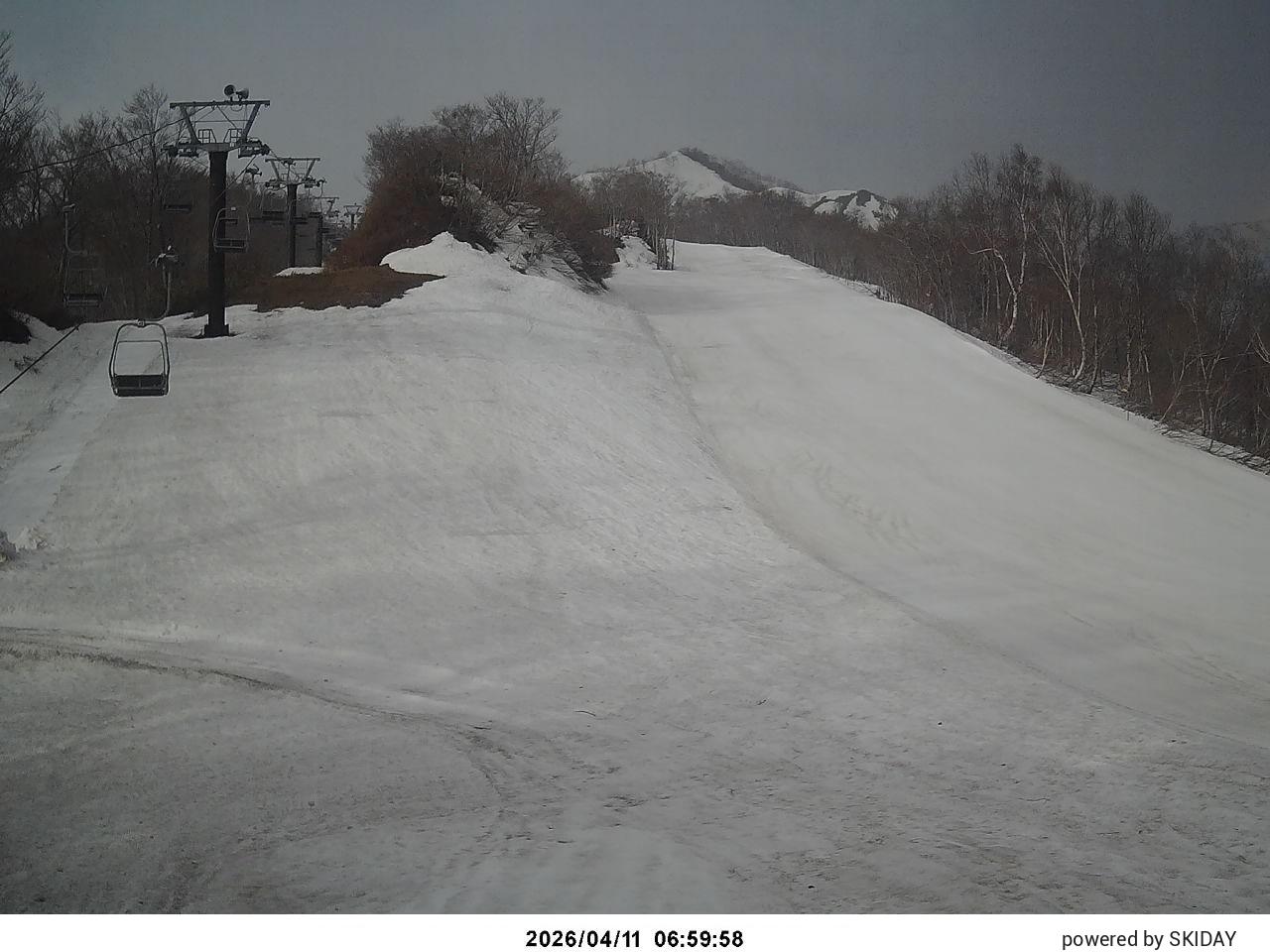 4/11（土） 今朝の天候は小雨。気温 山頂7℃、ベース13℃。積雪 山頂130 