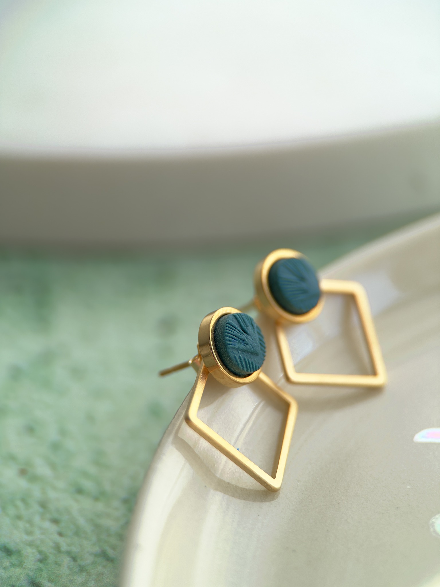 Boucles D'oreilles Pendantes Argent 925 - Camées Carrés Et Pendentifs Jade - Neuf