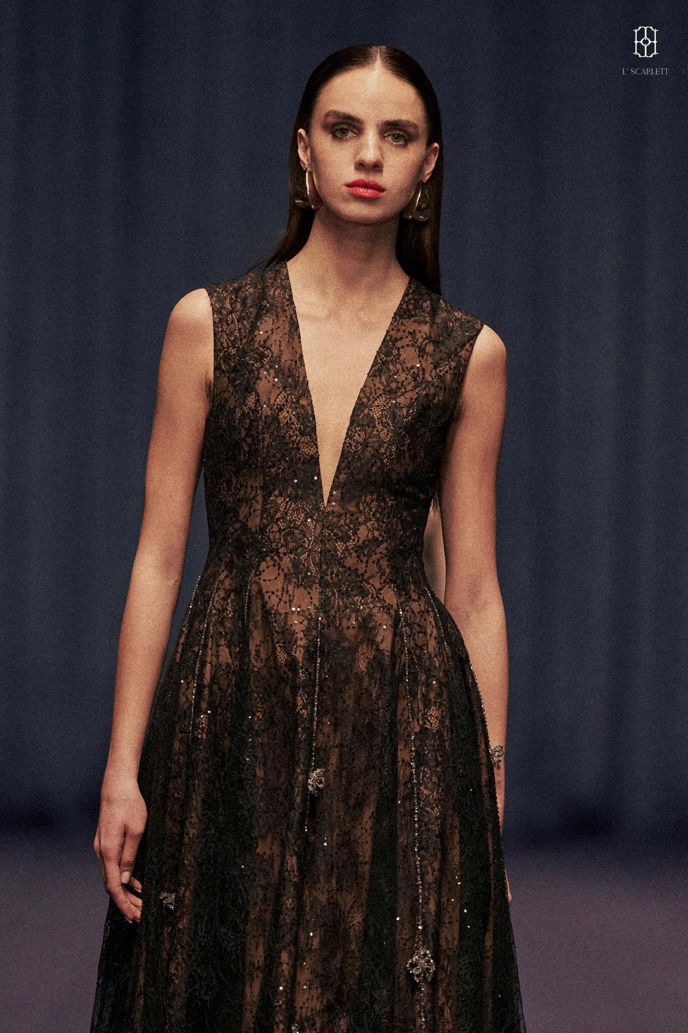 chinese dress ladies Black Lace Cut-out Long Silk Slip Dress