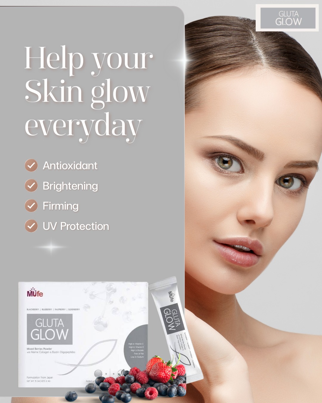 Help your skin glow every day with GlutaGlow ✨ Packed with powerful antioxidants to fight dullness, brightening ingredients to enhance your natural radiance, firming benefits for a youthful look, and UV protection