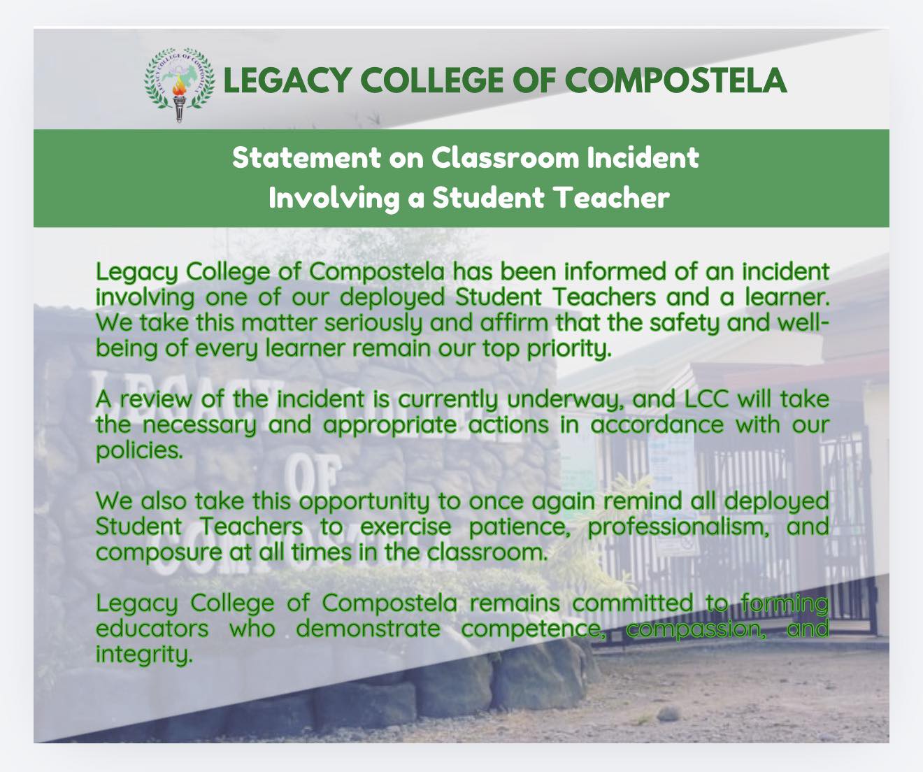 Legacy - Statement on Classroom Incident Involving a Student Teacher ...