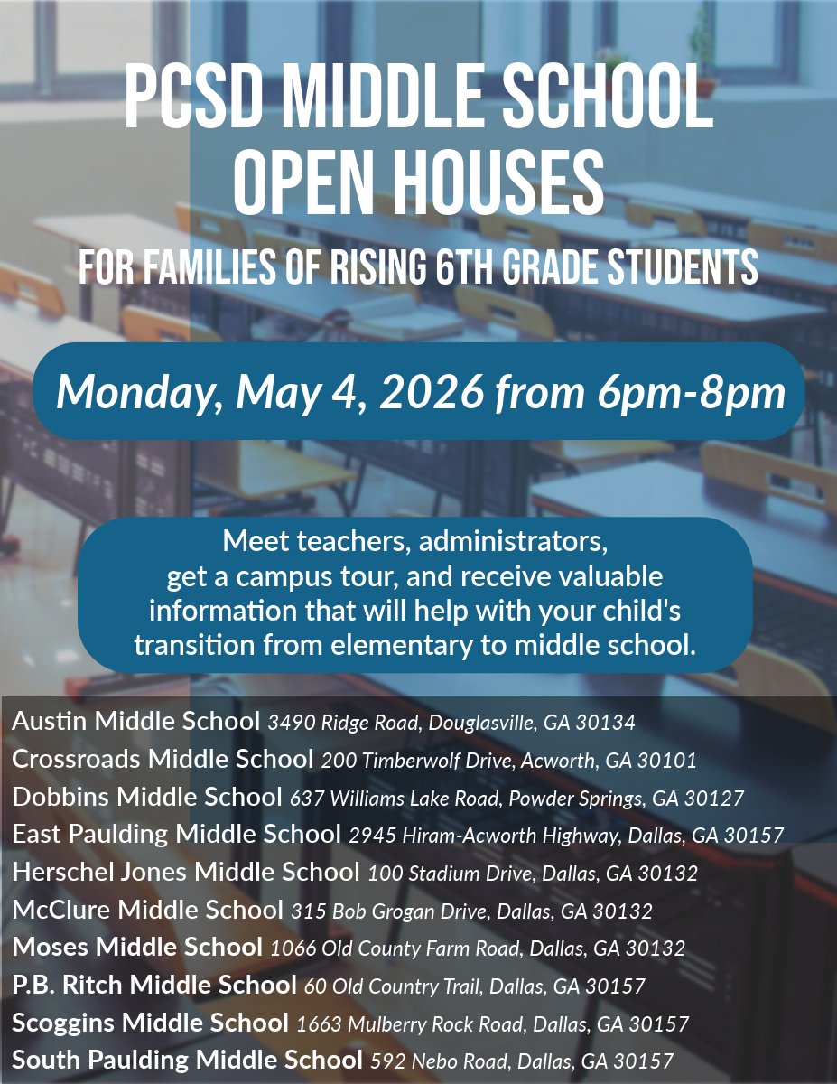 Paulding County middle school open houses for rising 6th graders