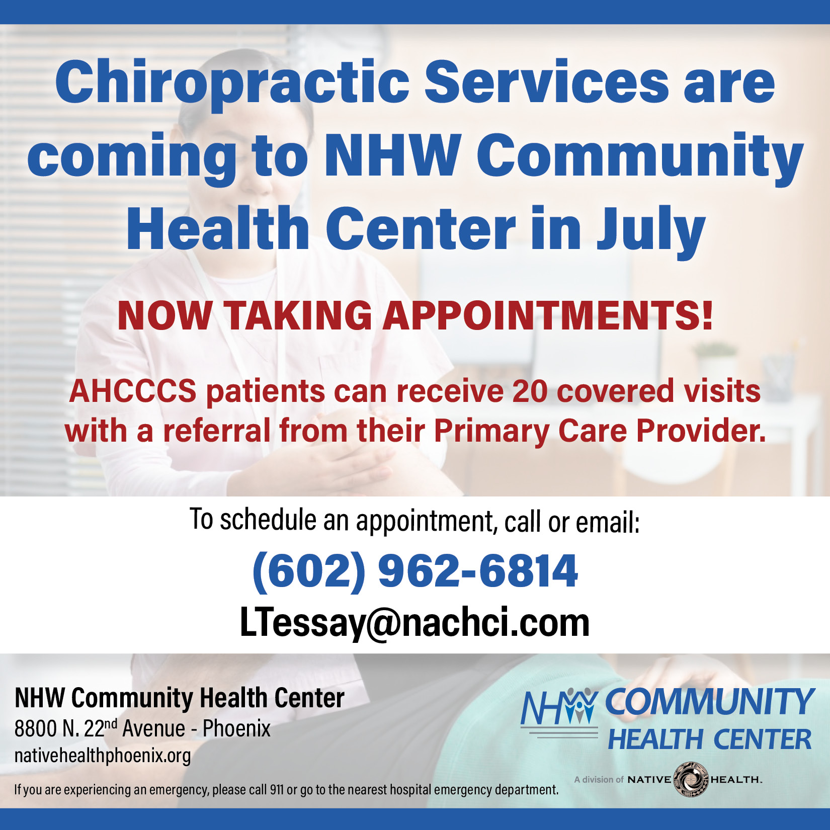 Chiropractic Services are available at NHW Community Health Center