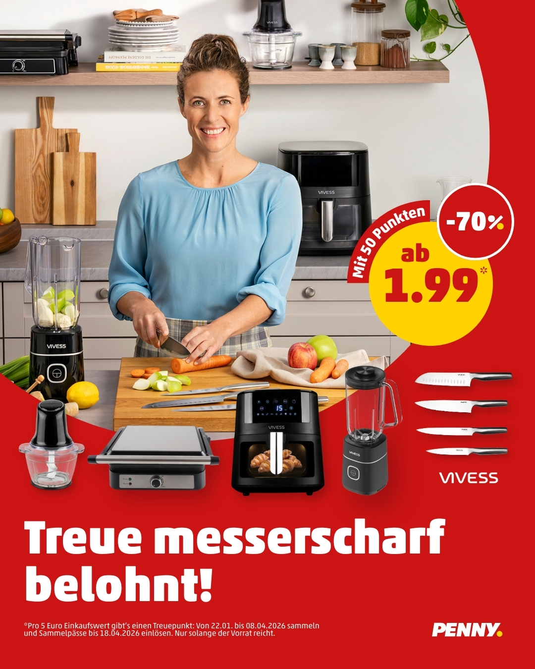Da schau her. Bei PENNY wird Treue jetzt messerscharf belohnt!​ Treuepunkte sammeln & hochwertige Vivess Messer und Küchengeräte mit -70% Rabatt zu messerscharfen Preisen sichern.​ ​ Mehr unter