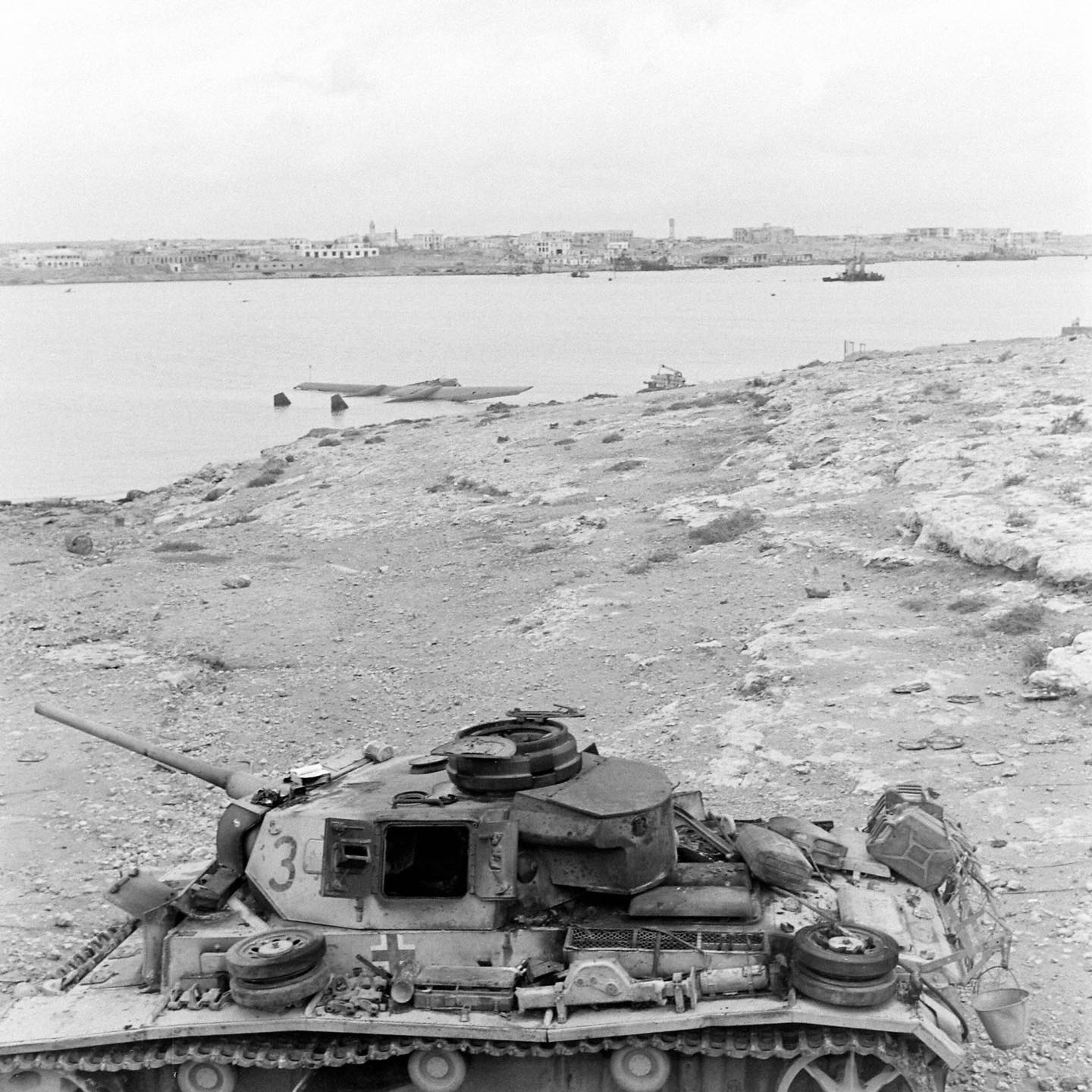 Abandoned German Panzer III with the long 50mm gun in Tobruk, in 