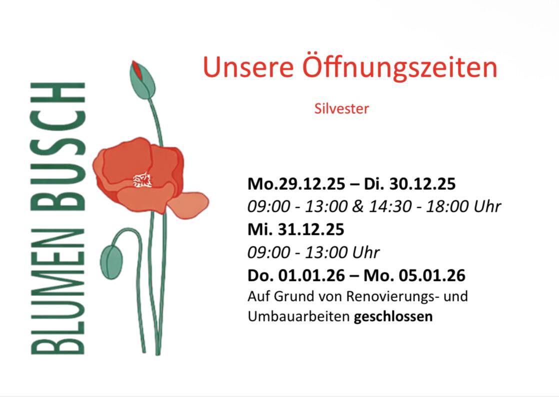 Unsere Öffnungszeiten zwischen den Feiertagen bis ins neue Jahr ✨ Bis zum 05.01.26 bringen wir frischen Wind in unseren Blumenladen und freuen uns Sie ab Dienstag, den 06.01.26 wieder begrüßen zu dürfen!