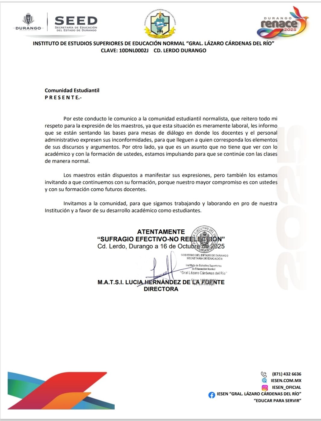 IESEN - 📢 Comunicado a la Comunidad Estudiantil Normalista El Instituto ...