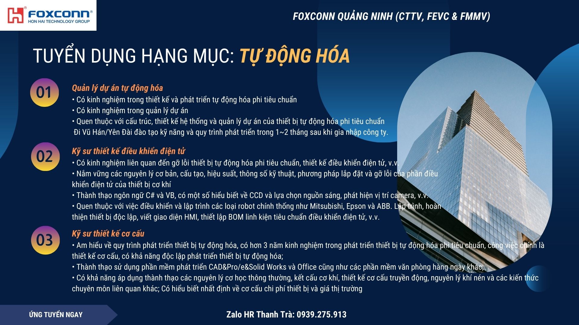 Tuyển - FOXCONN (FEVC) QUẢNG NINH - HẠNG MỤC TỰ ĐỘNG HÓA TUYỂN DỤNG: 1 ...