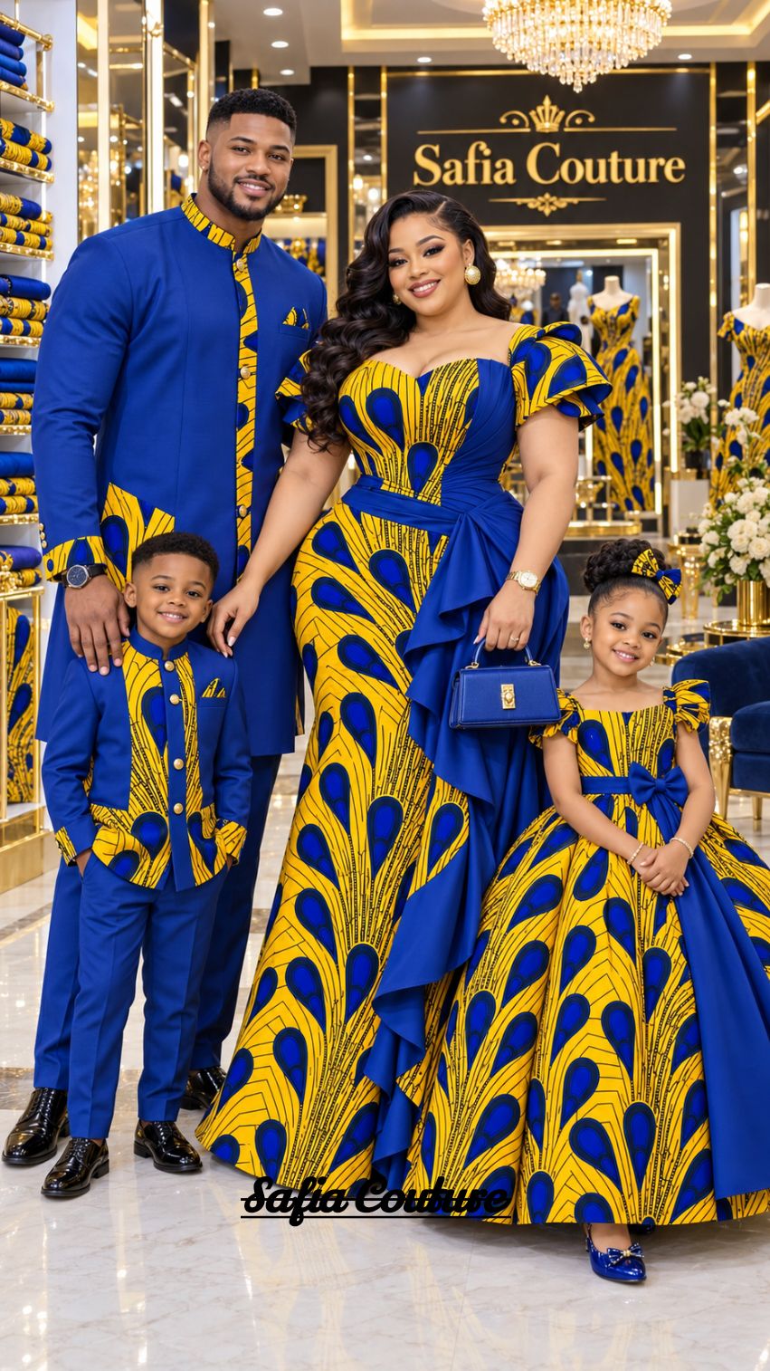 mother father son gold dress One Ankara can become a distinguished father, an elegant and beautifully dressed children without repeating itself once. That is the design challenge we love.🤍 extended:315686