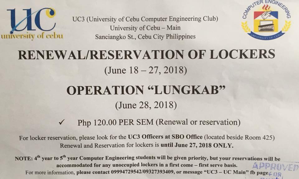 RENEWAL/RESERVATION OF LOCKERS (June 18-27, 2018) OPERATION LUNGKAB ...