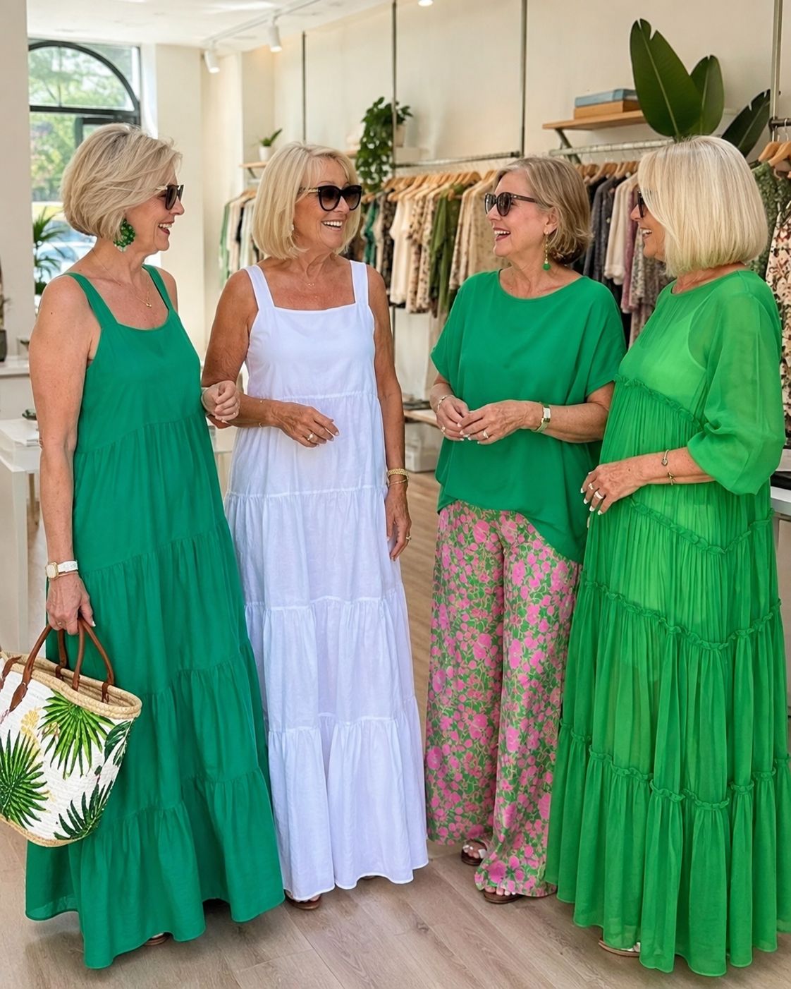 kelly green and white dress Emerald 4 timeless boutique looks in + white chic: 1. Emerald green tiered tank maxi + woven straw tote with palm print + green beaded earrings + white watch + sunglasses 2. Wh Mini dress