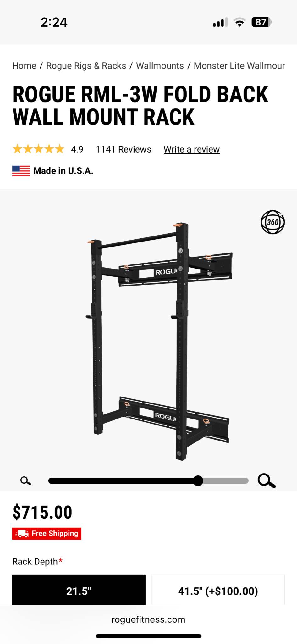 ROGUE RML-3W FOLD BACK WALL MOUNT RACK 21.5 IN with STRINGER PAIR ...