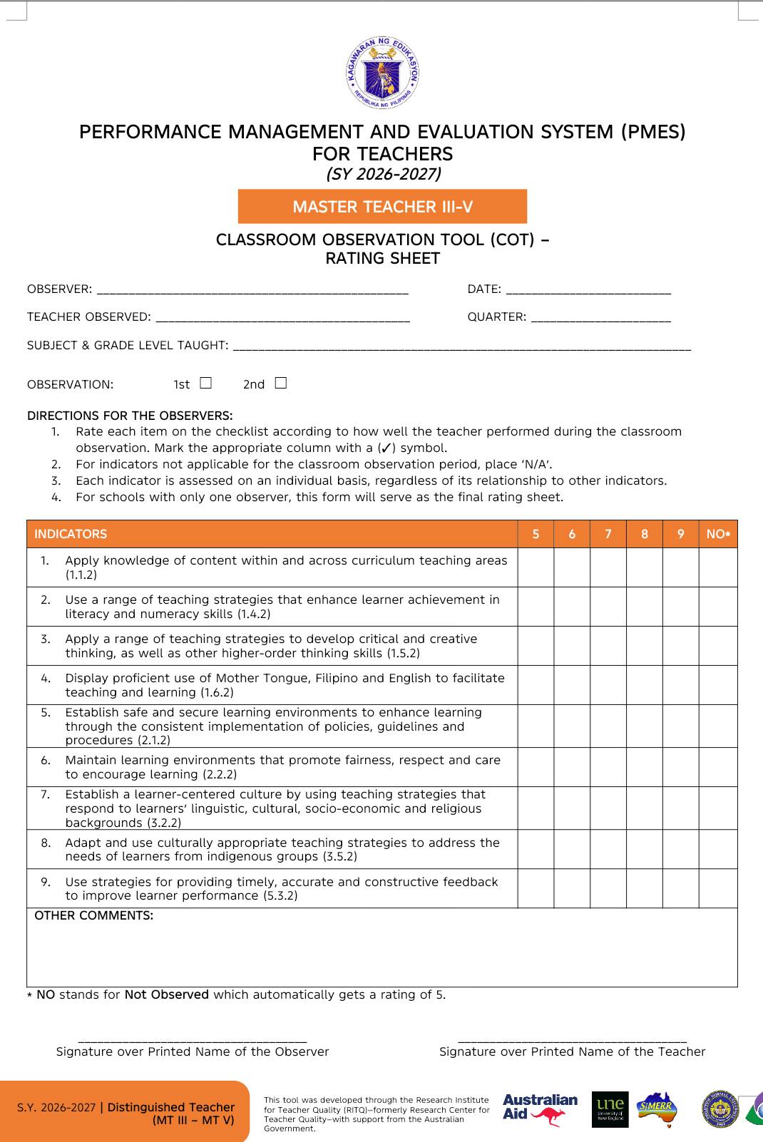Sir Dhe - Classroom Observation Tool - Rating Sheet for... | Facebook
