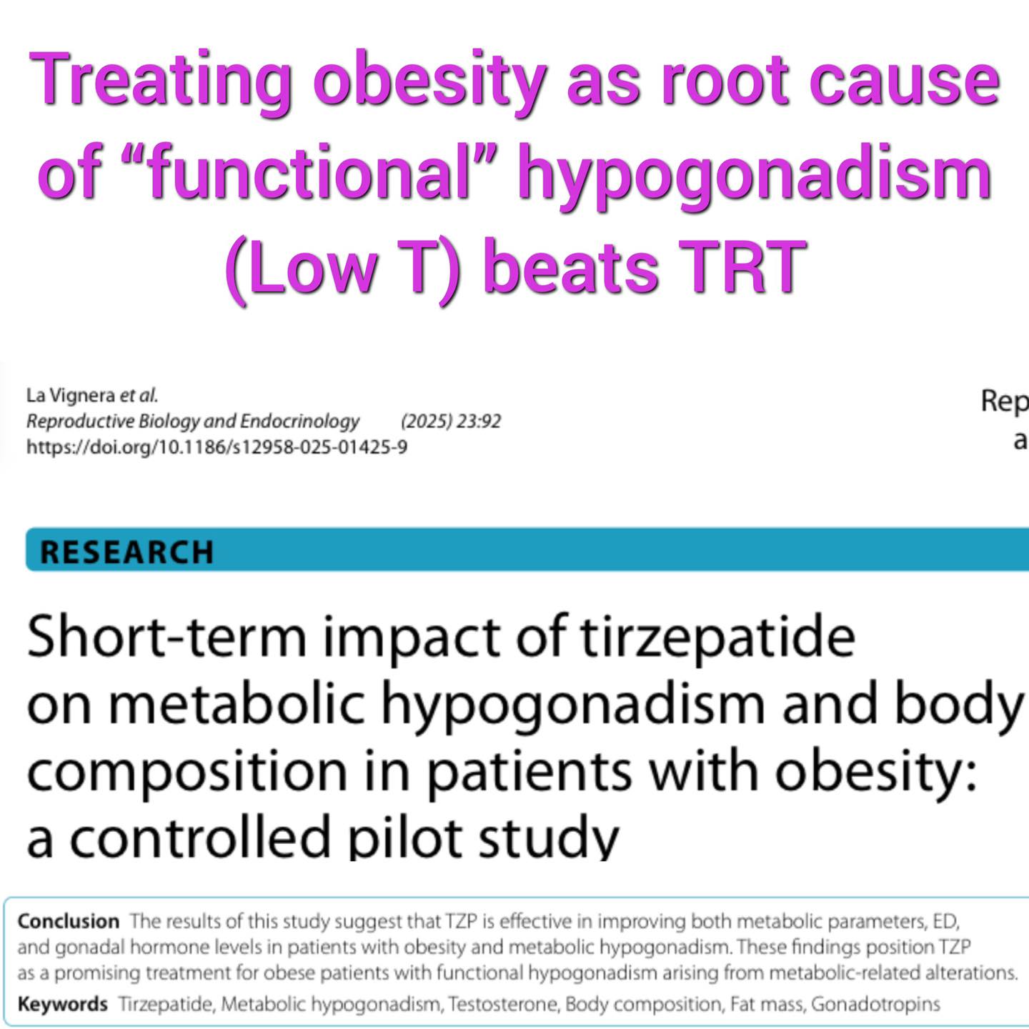 Small pilot study shows that tirzepatide to treat the obesity that causes “#LowT” is better (as expected) than #TRT The study included a total of 83 individuals with obesity with a mean