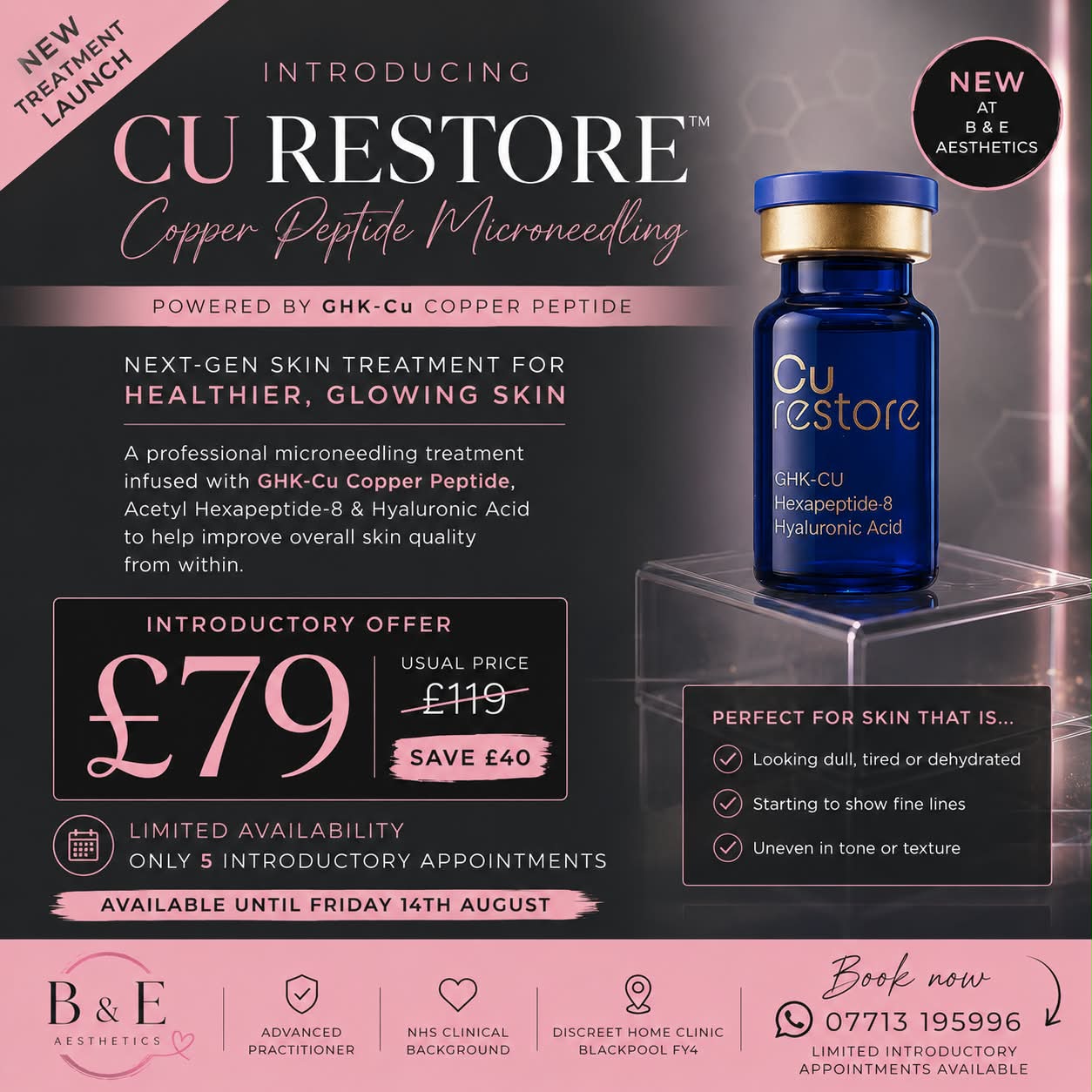 Introducing Cu Restore copper peptide microneedling for tired, dull or dehydrated skin in Blackpool