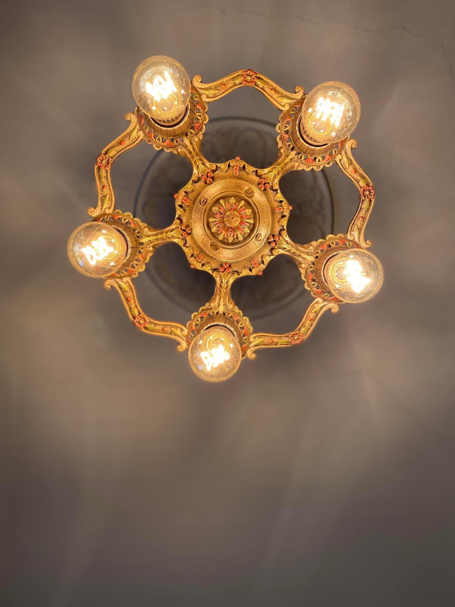 Restored 1920s cast iron chandelier for sale display picture 1